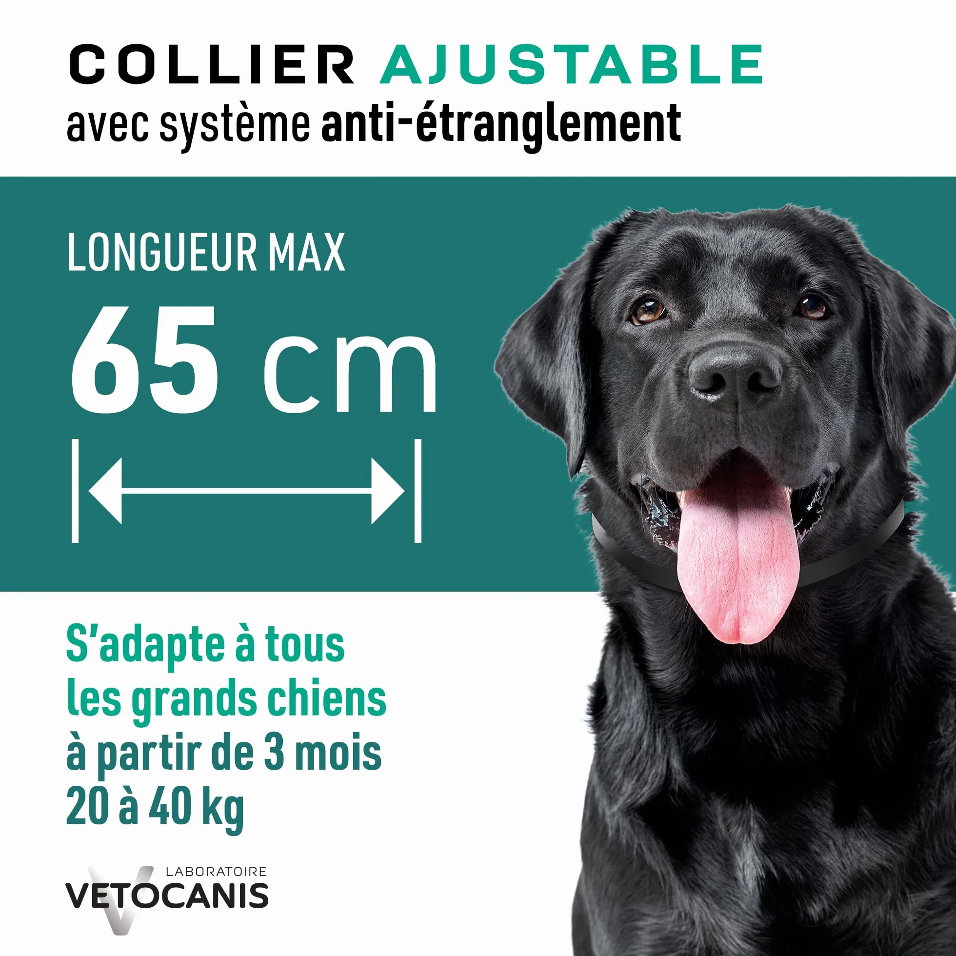 Vetocanis Collier Répulsif Puces Tiques Moustiques Protection 3 mois Grand Chien 20-40 kg Extraits Naturels Margosa Lavandin