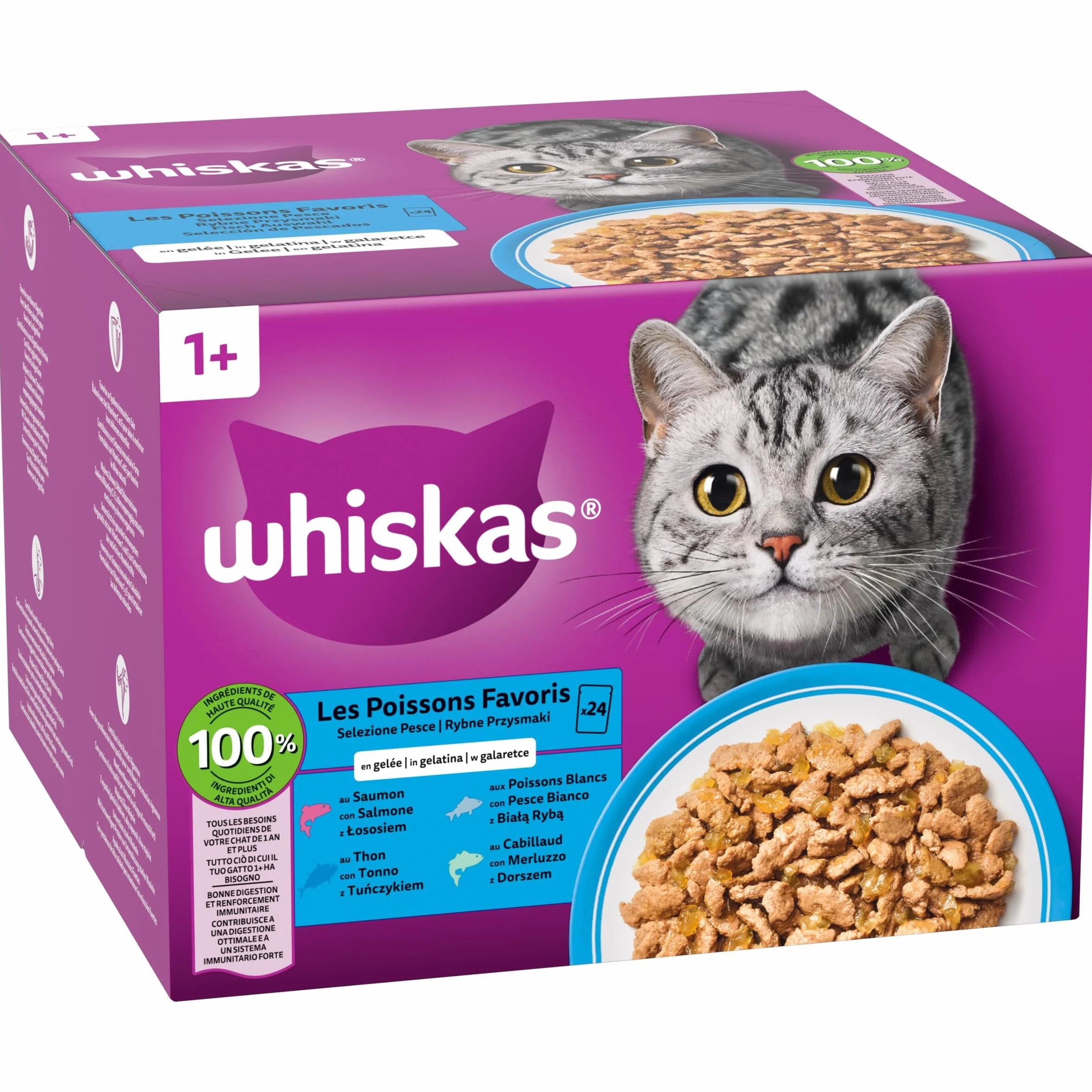 WHISKAS Aliment humide en gelée Chat adulte 24x85g Poissons Favoris Lot de 2 48 Sachets