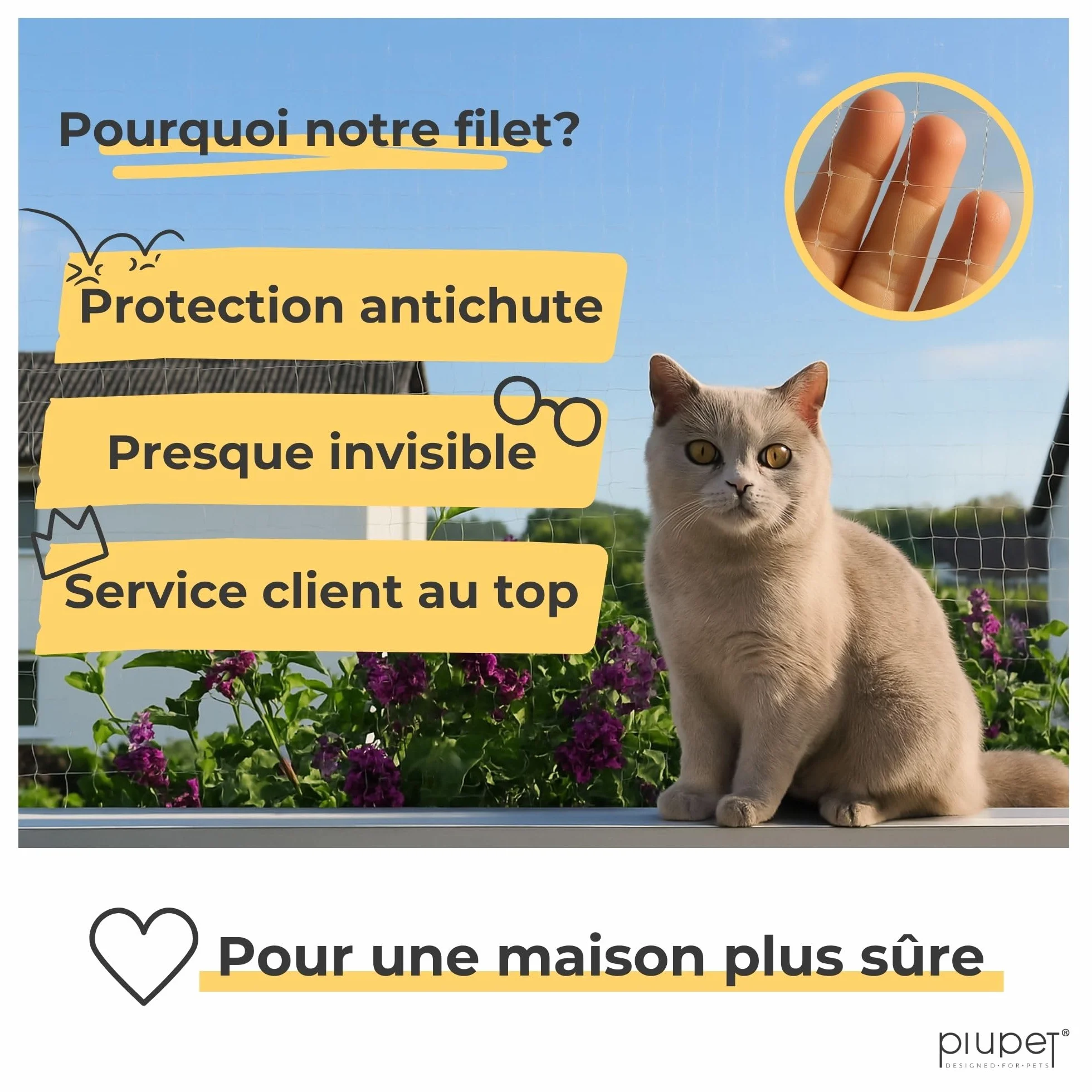 PiuPet® Filet de Protection pour Chats 4 x 3 m Transparent avec Corde de Fixation pour Balcons et Fenêtres