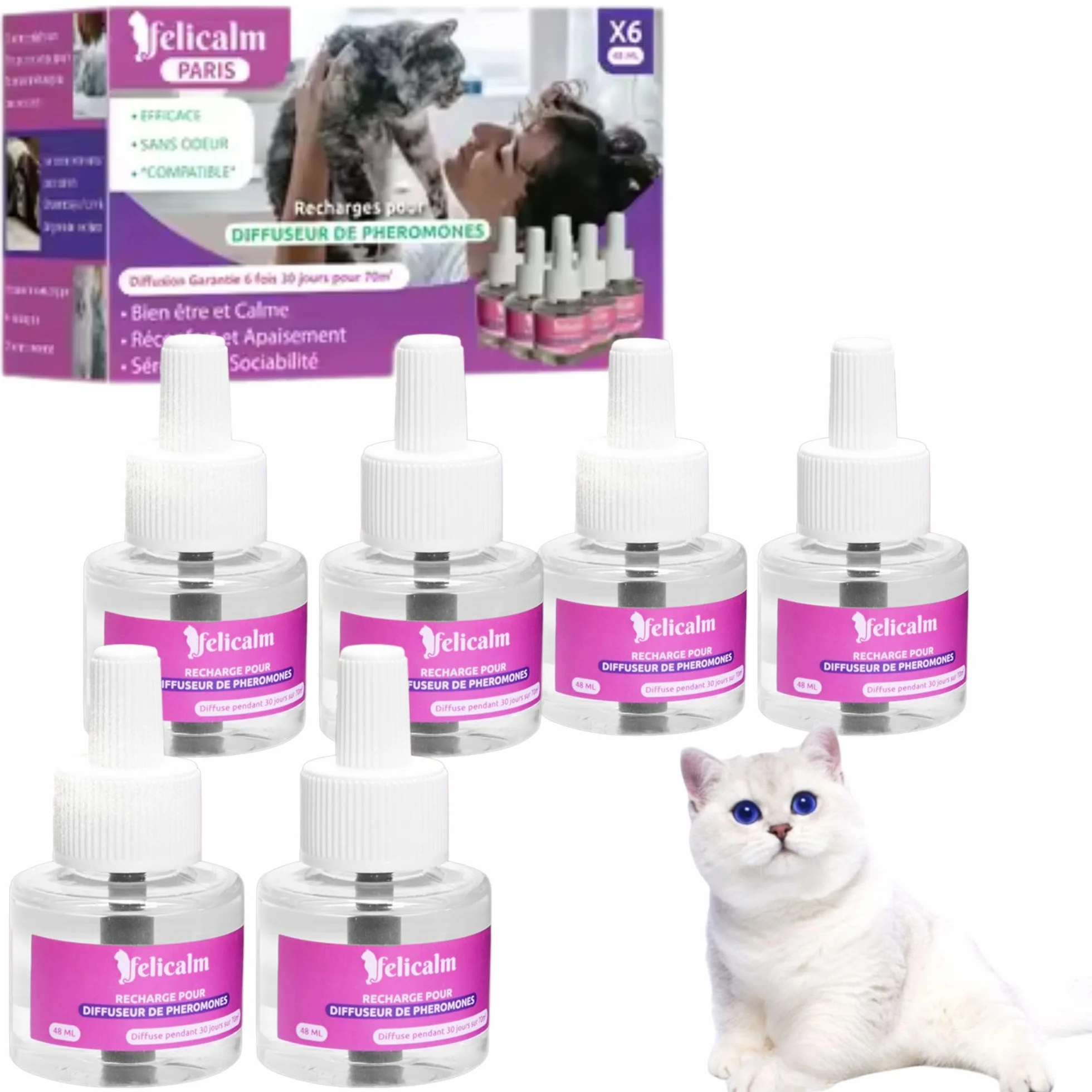 PHEROMONE Anti Stress Pour Chat Paris 6 Recharges 48 ML Calmant
