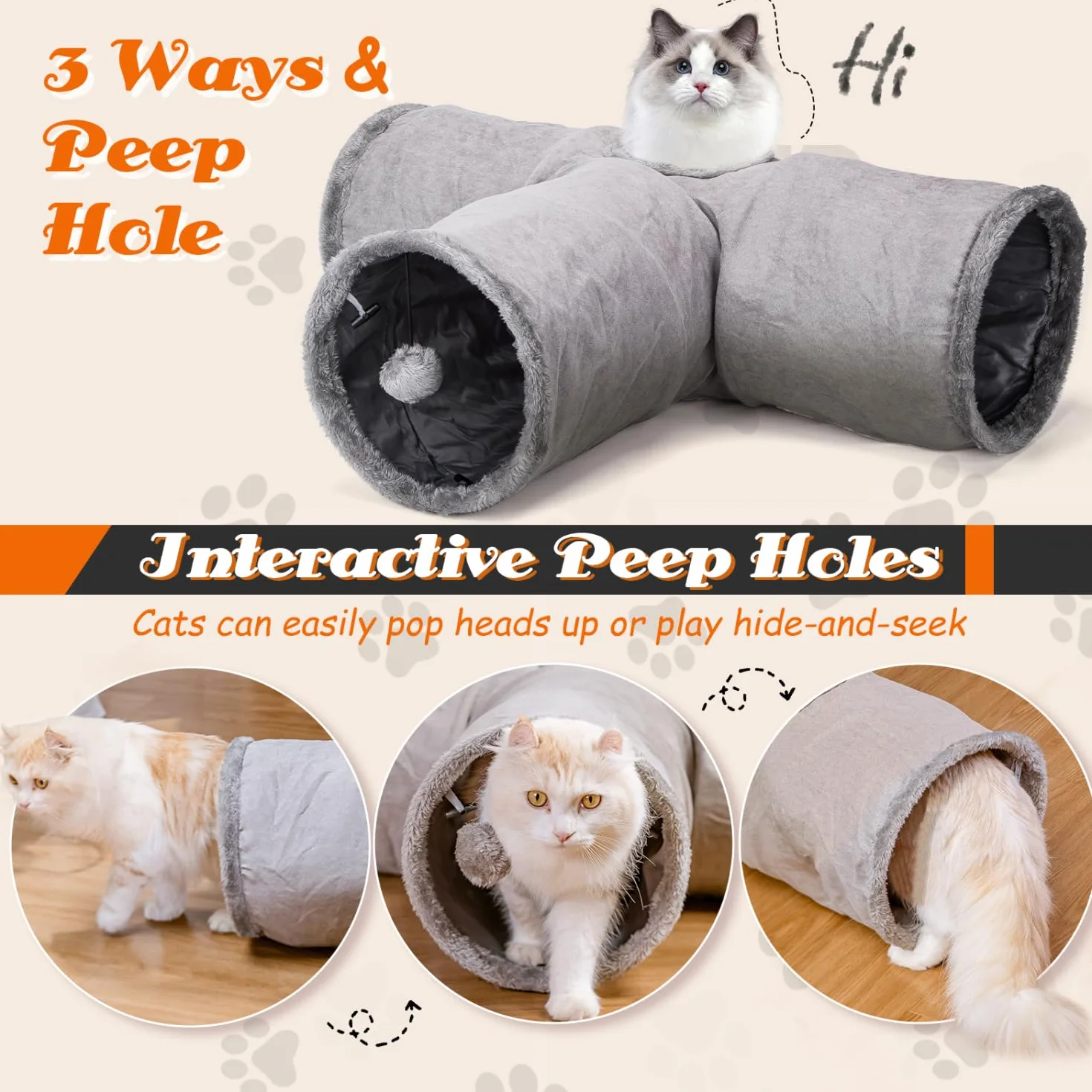 Nobleza Jouet Tunnel pour Chat avec 3 Voies, Tunnel en Daim pour Chats avec 1 Trou et Balle Suspendue, Tunnels Pliable pour Petits Animaux Lapin Cobaye Chats, Gris