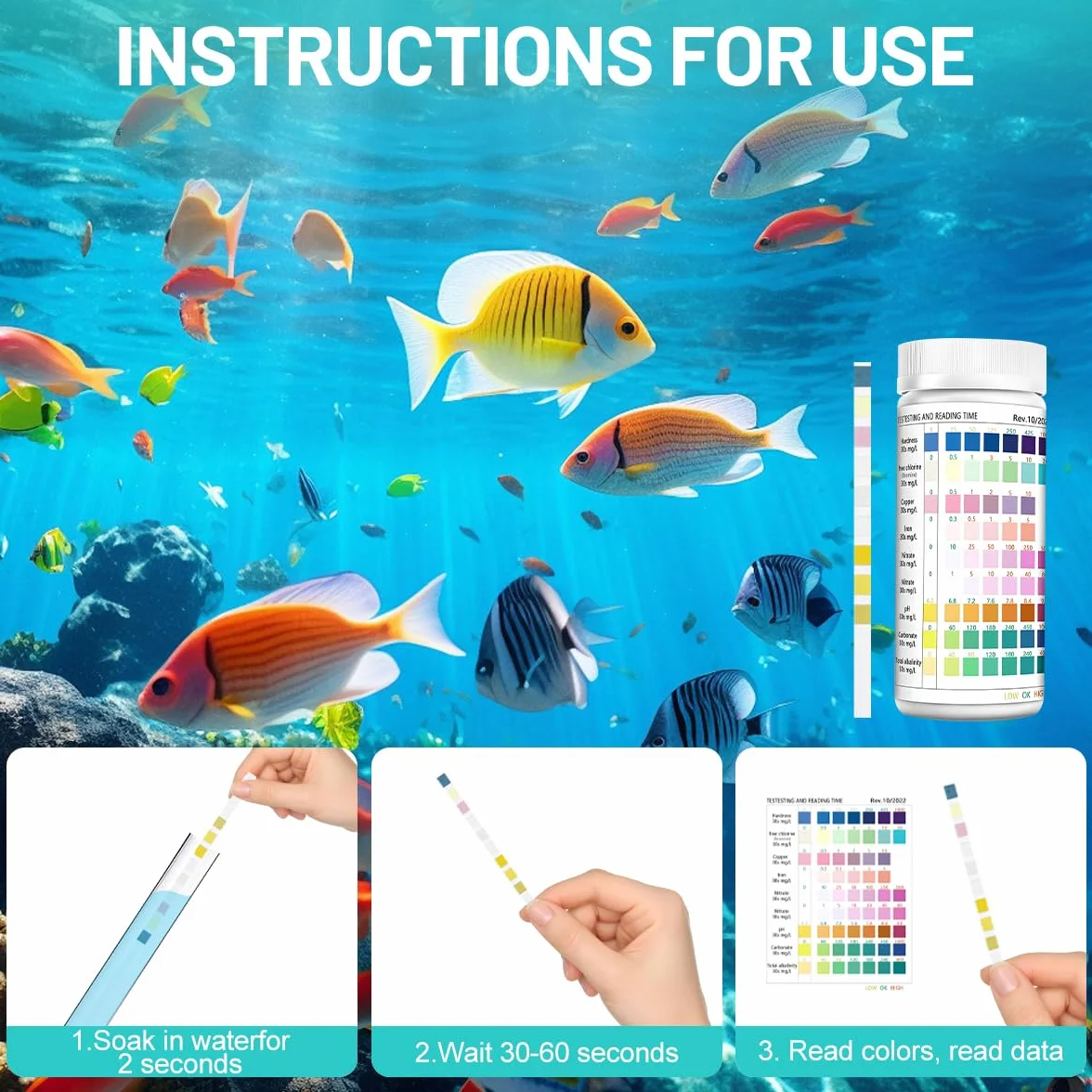 Bandelettes de test d'eau 9 en 1 pour aquarium pH nitrites nitrates chlore dureté totale fer cuivre