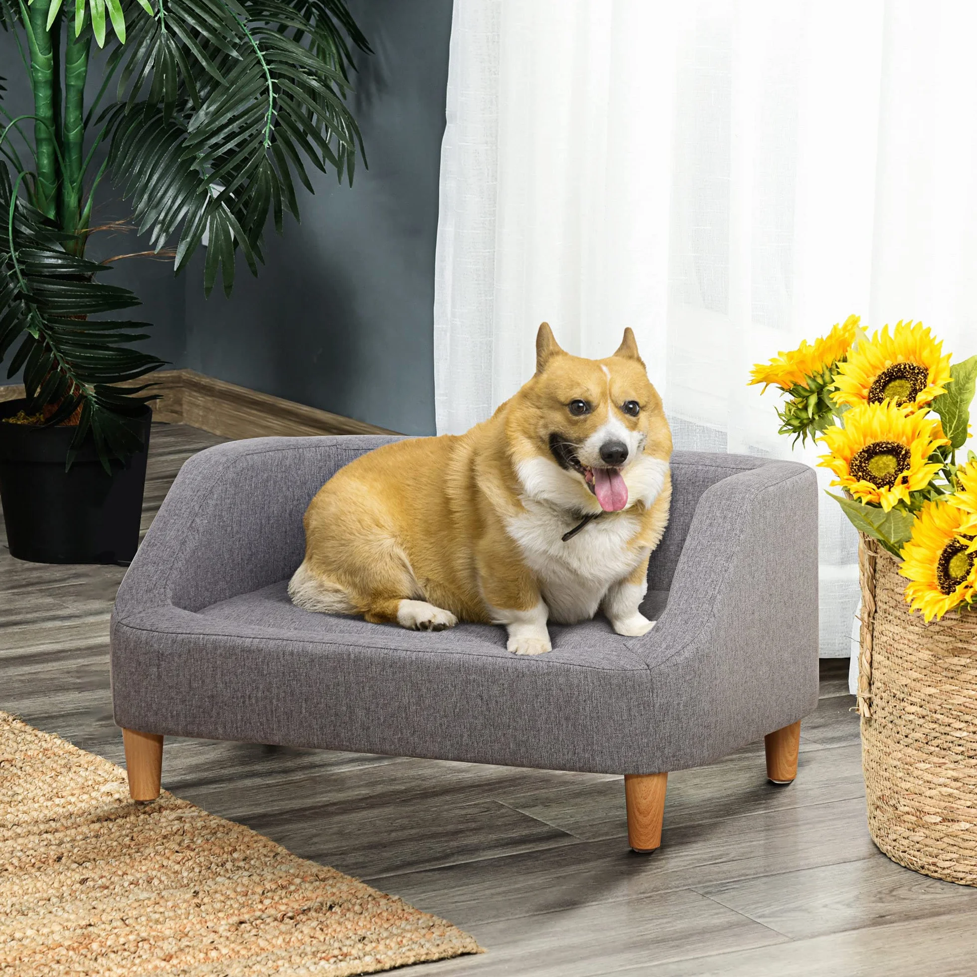 PawHut Canapé pour Chien lit pour Chien Style scandinave Pieds en Bois Tissu déhoussable 75 x 55 x 39 cm - Gris