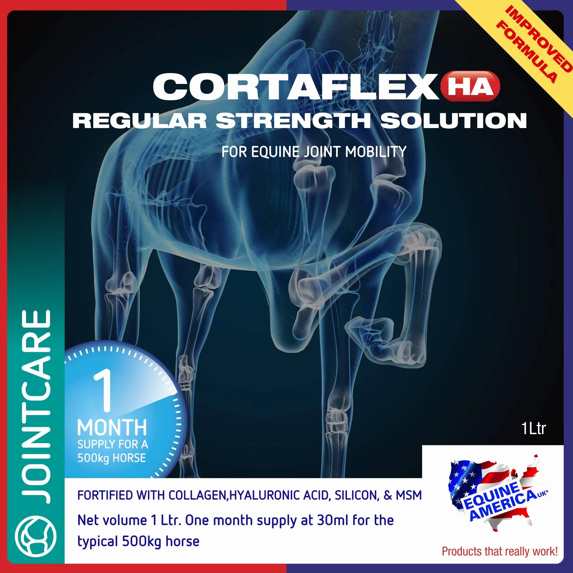 Cortaflex Equine America Solution d'amidon régulier 1 Litre Supplément Cheval Poney Soutien articulations mobilité