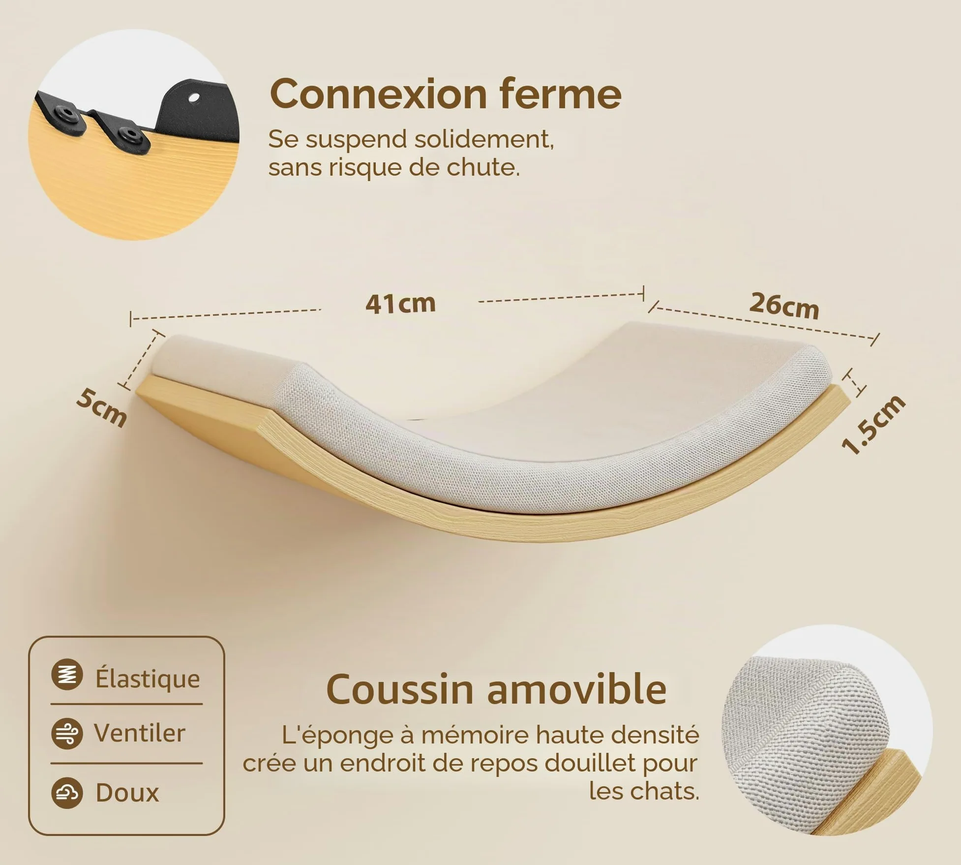 Étagères murales pour chats avec tapis en éponge, arbre d'escalade pour chat avec 2 marches carrées et plateformes incurvées, ensemble de meubles muraux en bois pour chat pour dormir et jouer