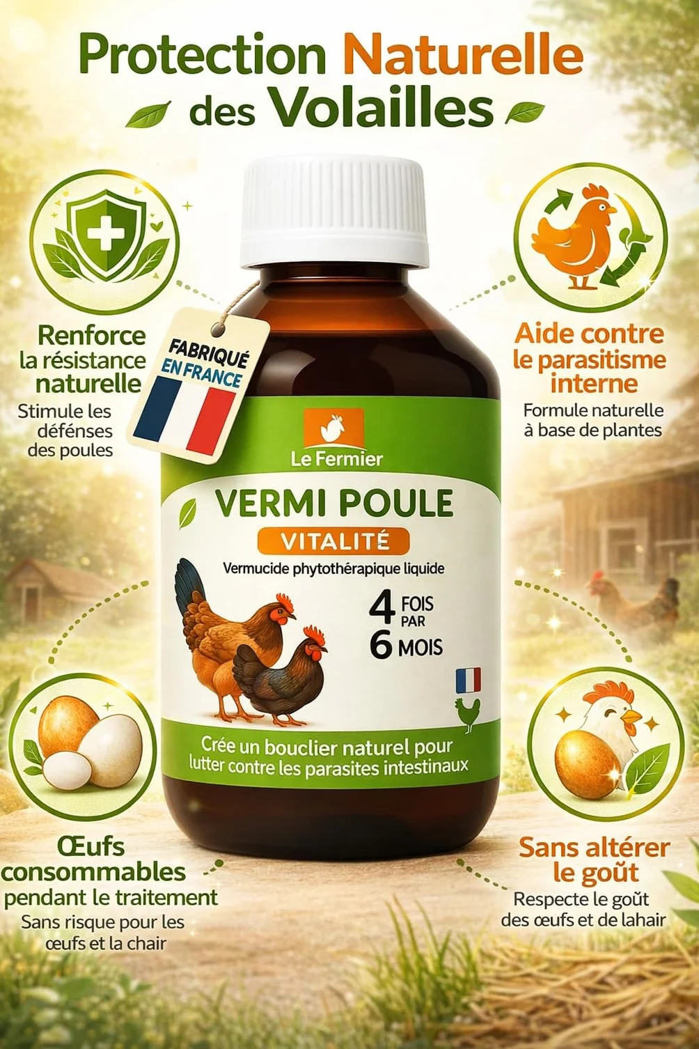 Vermipoule 500 ML Vermifuge Naturel Poules Volailles Défense Contre Parasites Internes Complément Alimentaire Liquide