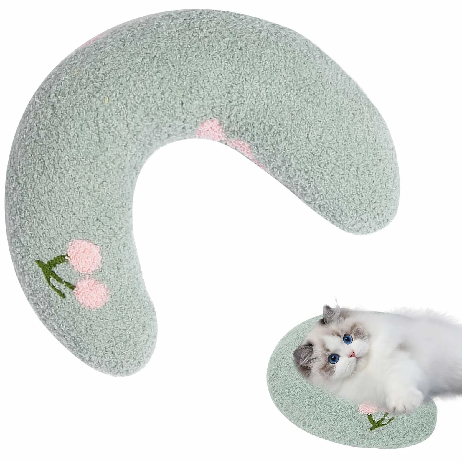 Oreiller pour Chiens Chats 27x17x6cm en Forme de U Protection Colonne Cervicale Doux Confortable Coussins Chat Chiot Vert