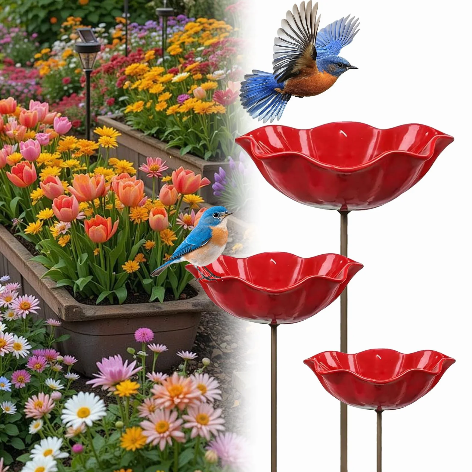 Abreuvoir pour oiseaux en métal en forme de fleur, lot de 3 pour jardin extérieur