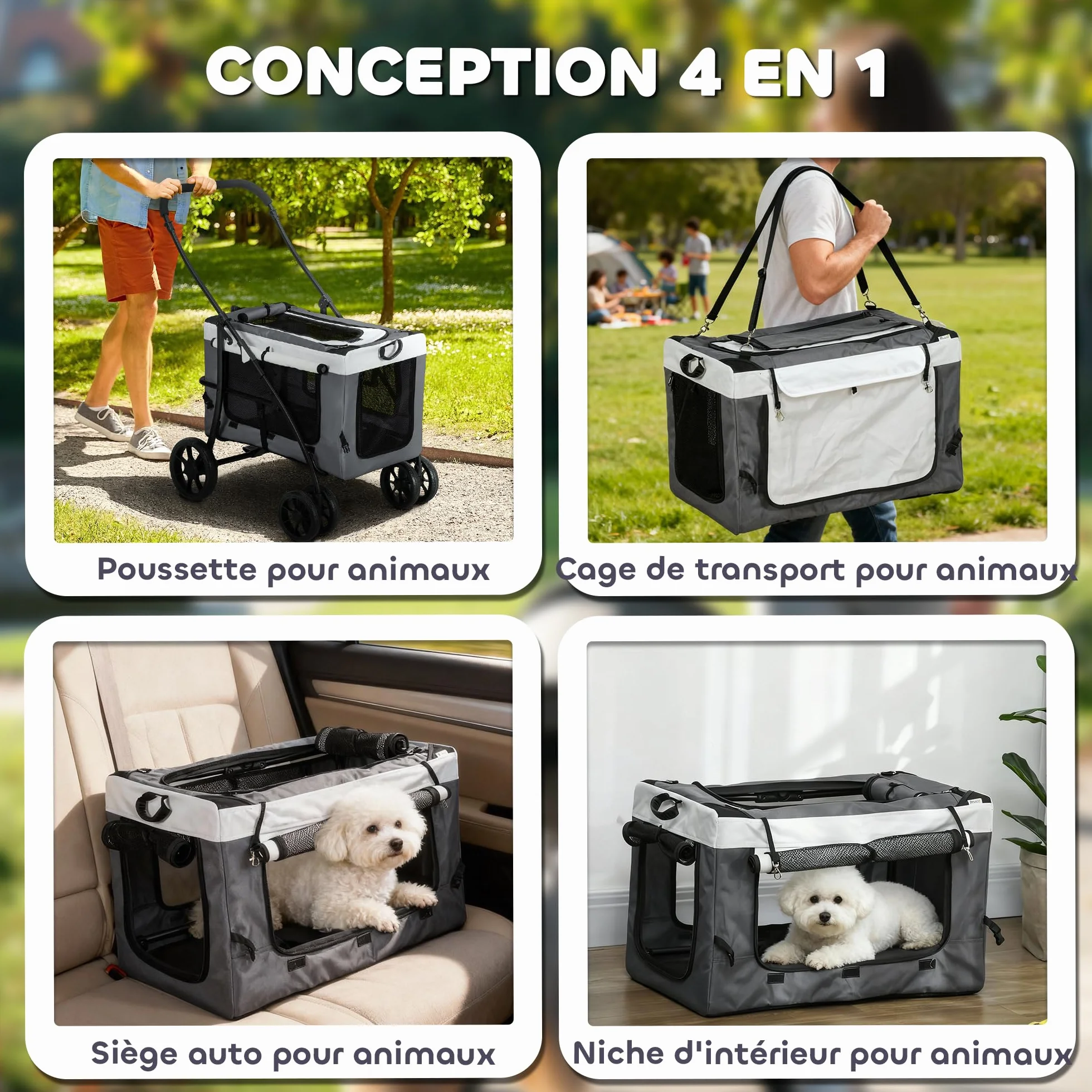 PawHut Poussette pliable animaux chien chat 2 en 1, nacelle amovible 4 roues avec frein 81 x 58 x 97,5 cm gris