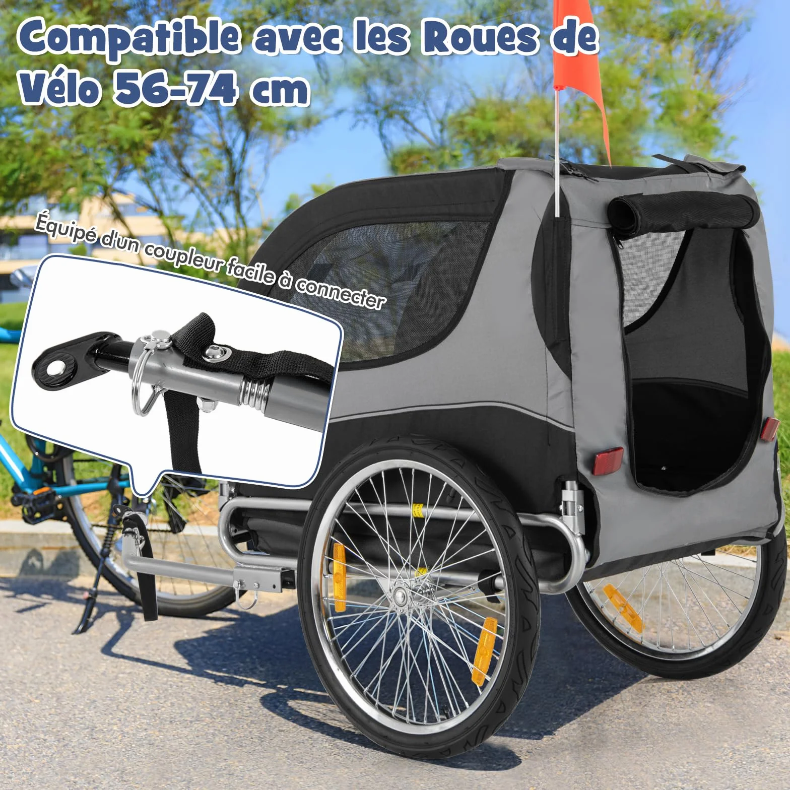 GOPLUS Remorque de Vélo pour Chien, Chariot Pliable, Charge Max. 40 kg, Gris