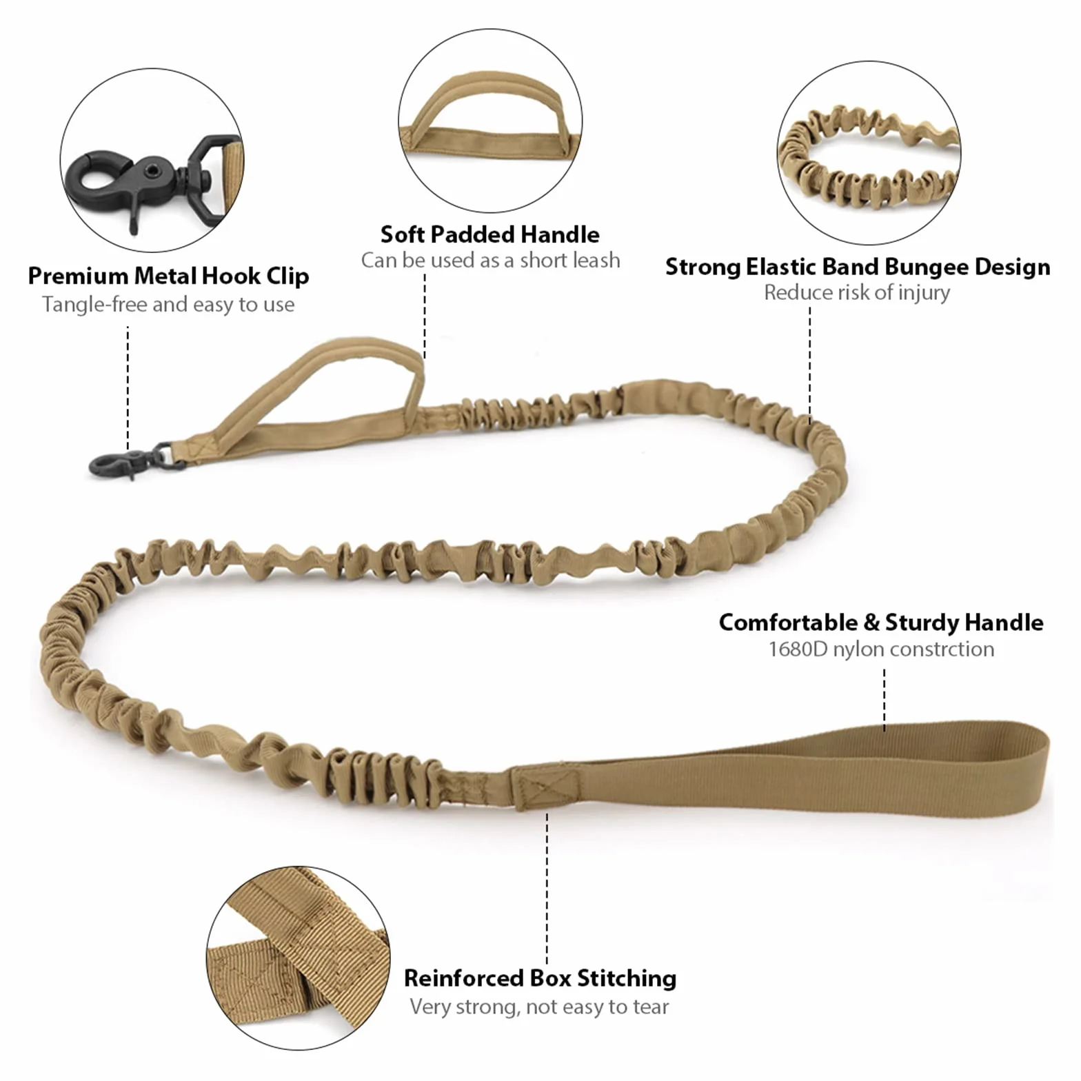 Tactique Collier et Laisse pour Chien réglable Nylon Militaire Boucle Métal Robuste Laisse élastique Dressage Taille XL Kaki