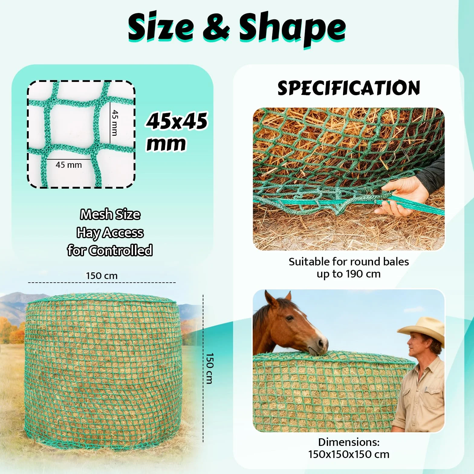 LIROPAU Filet à foin rond 150 cm Mailles serrées Résistant Pour chevaux