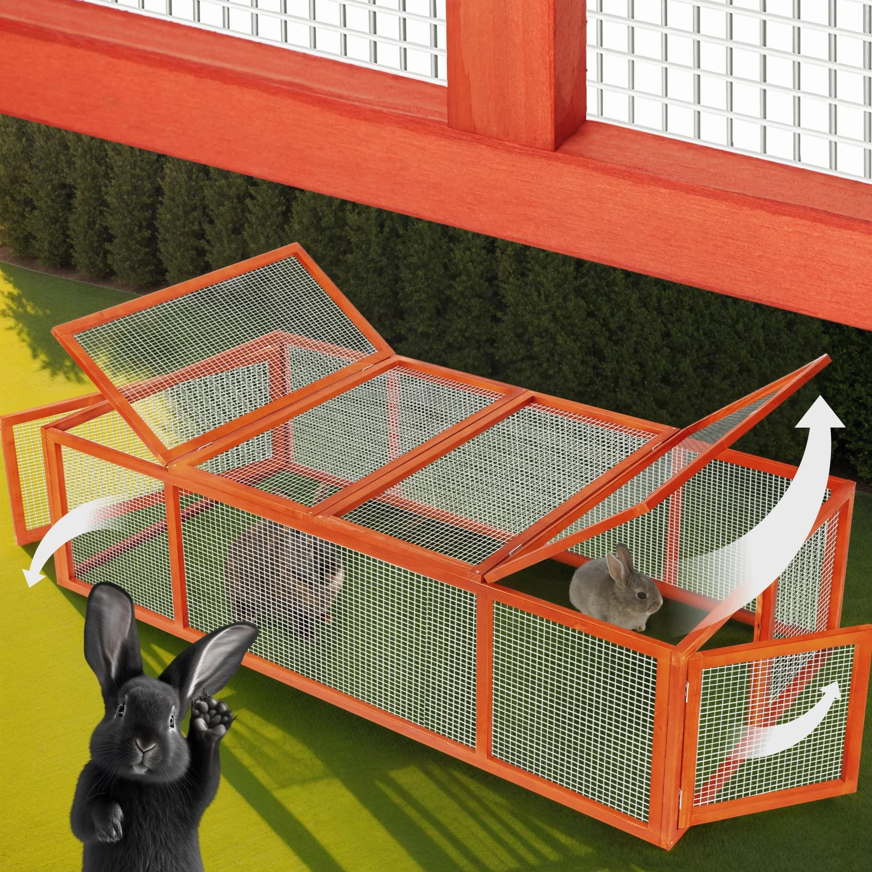 Tectake Clapier Lapin Exterieur 181x90x48 cm Bois imperméable Cage Rongeurs avec Parc XXL 2 Portes Toit ouvrant