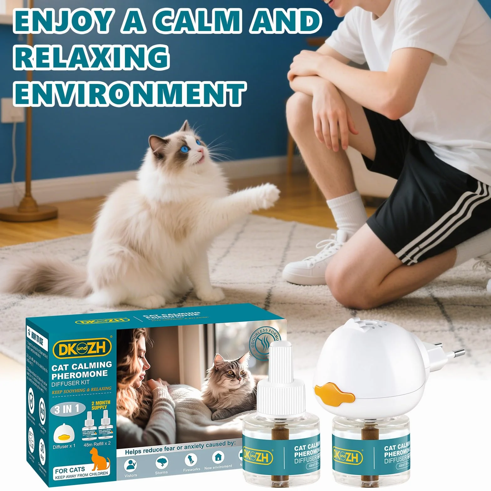 Diffuseur Phéromone pour Chat 3 en 1 Anti Stress, 60 Jours, 1 Diffuseur + 2x48ml Recharges
