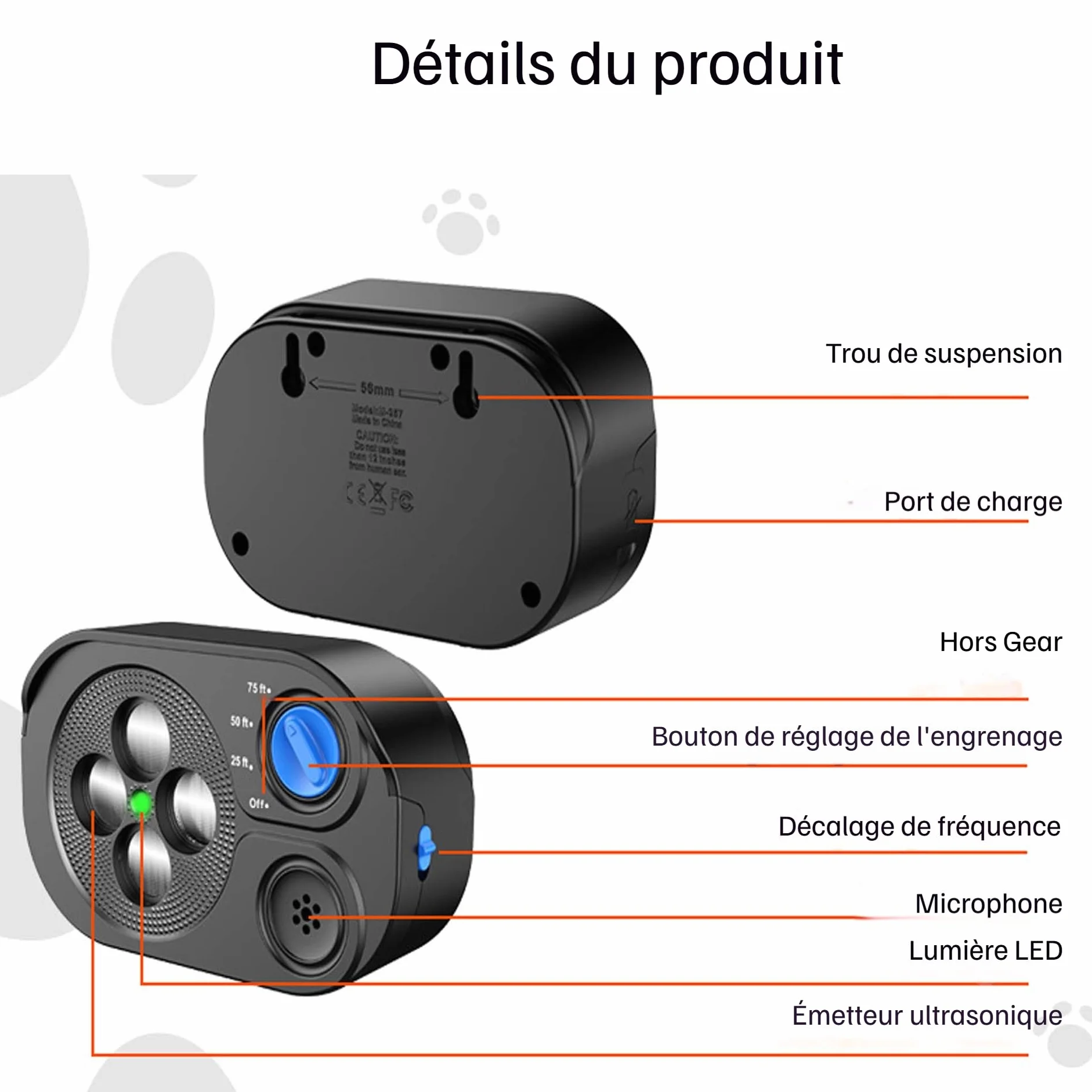 Répulseur de Chien à Ultrasons Anti-Aboiement, 3 Modes, Portée 20m, Batterie 2000mAh Rechargeable USB-C, IP65, Noir