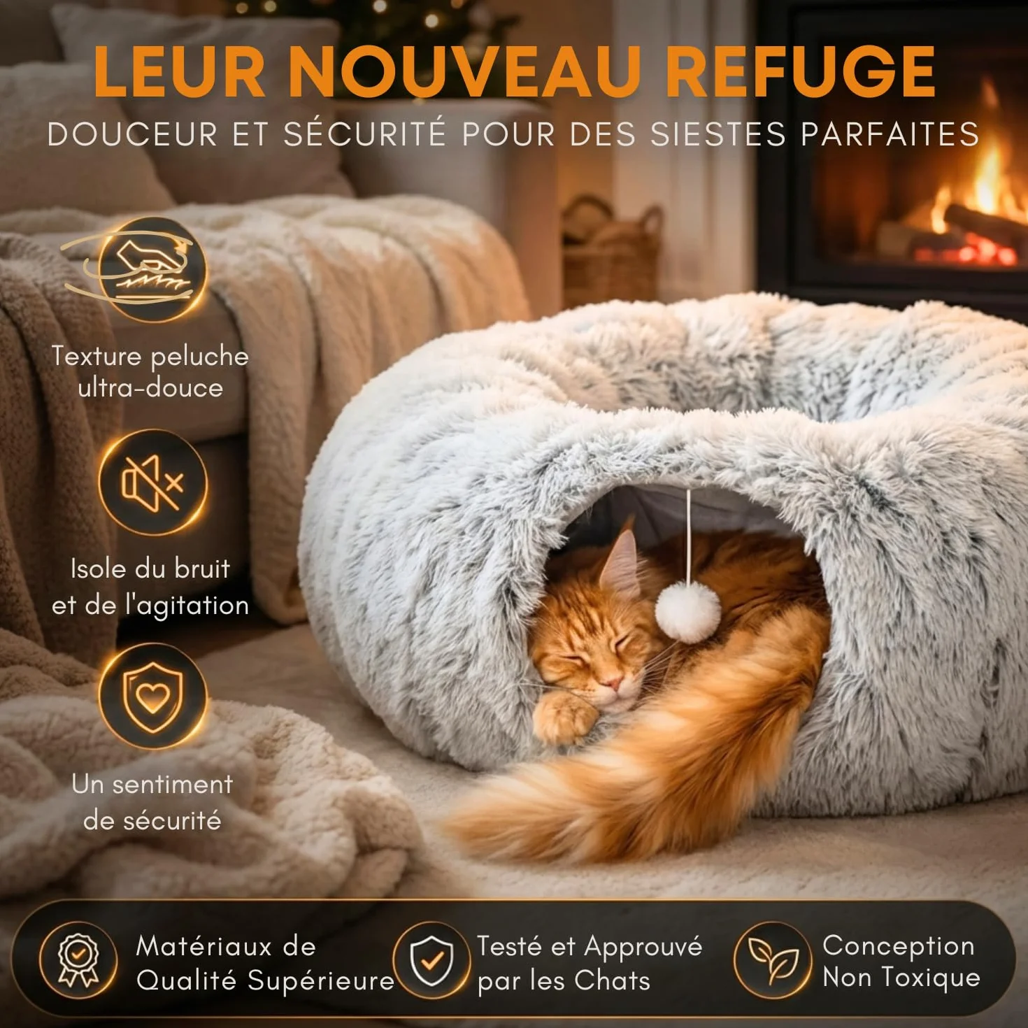 One PETS-TOP Tunnel Chat Rond XXL en Peluche Douce – Lit Tunnel Cachette Confort – Cabane Intérieure pour Chat – Cat Tunnel (Gris Perle)