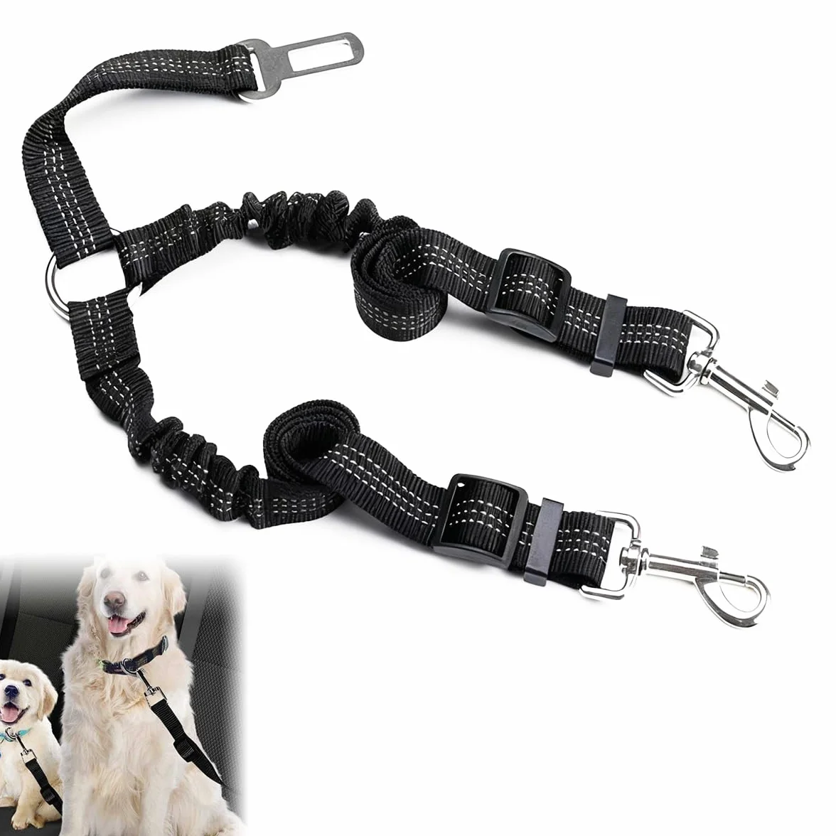 Ceinture Sécurité Chien Voiture 2 en 1 52-75 cm, Laisse Élastique Double Extrémité Réfléchissante Réglable