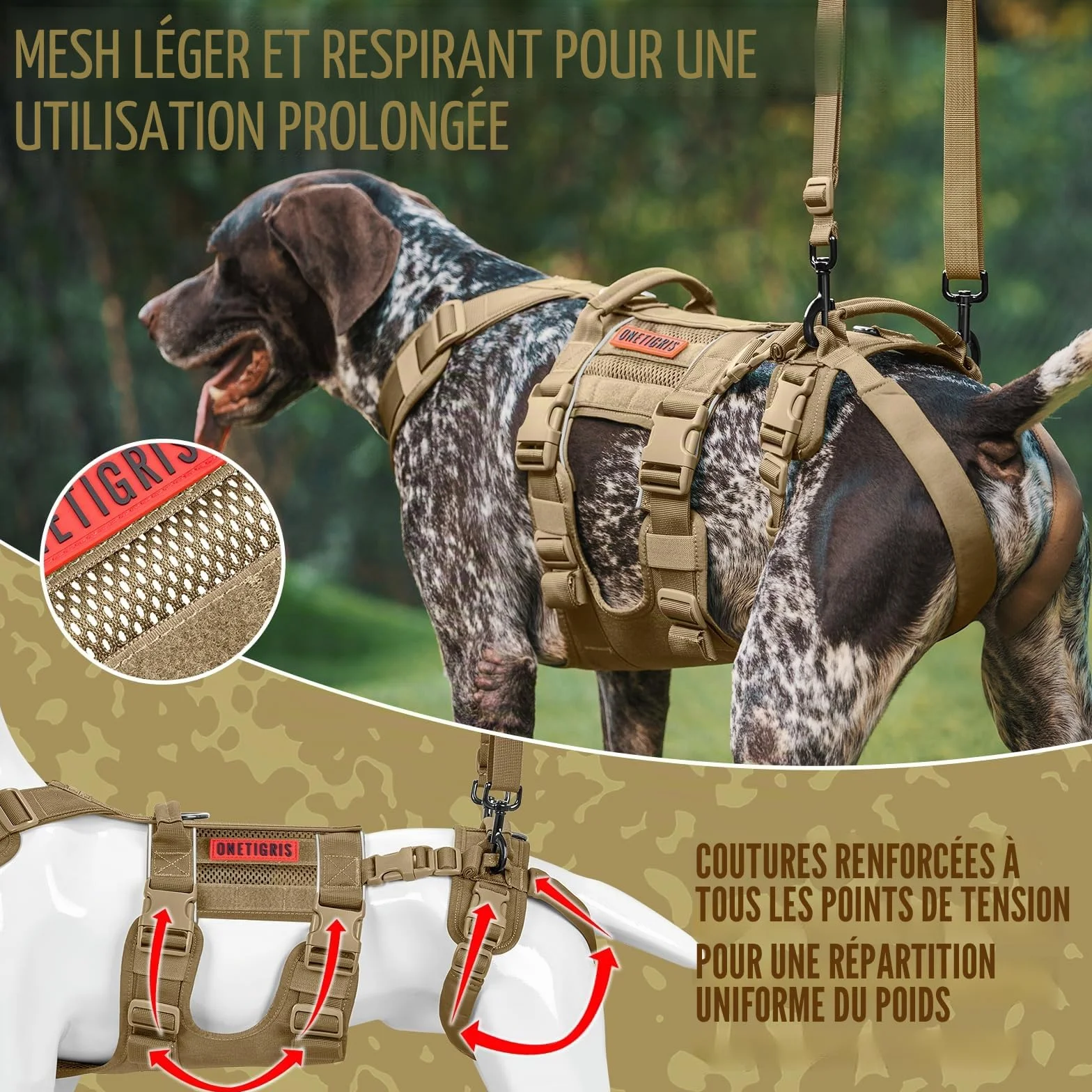 OneTigris SKYEWALKER Harnais pour chien réglable, soutien rééducation, taille moyenne et grande, marron, XL