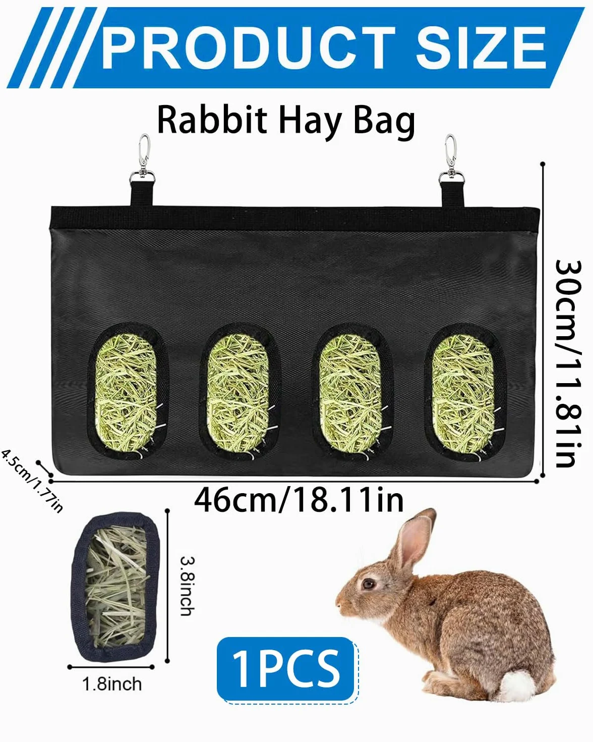 Sac de foin pour lapin, mangeoire suspendue avec 4 fenêtres, noir