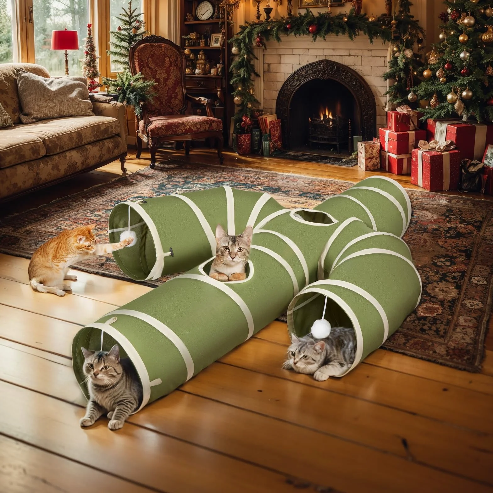 Ownpets Tunnel pour chat - Grand cactus - 4 voies - Avec tissu Oxford robuste - Pliable et indéchirable - Diamètre : 25 cm - Vert