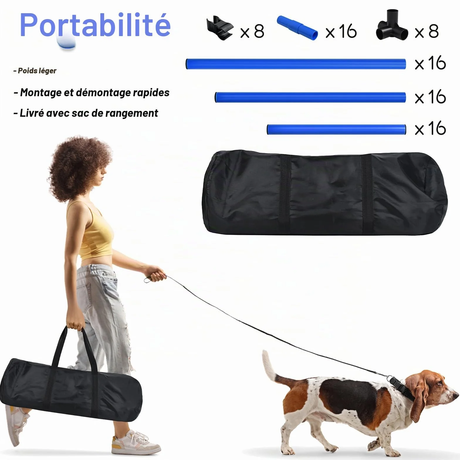 Ensemble d'obstacles d'agilité pour chien, set de 4 tiges de slalom, hauteur réglable, plastique, bleu