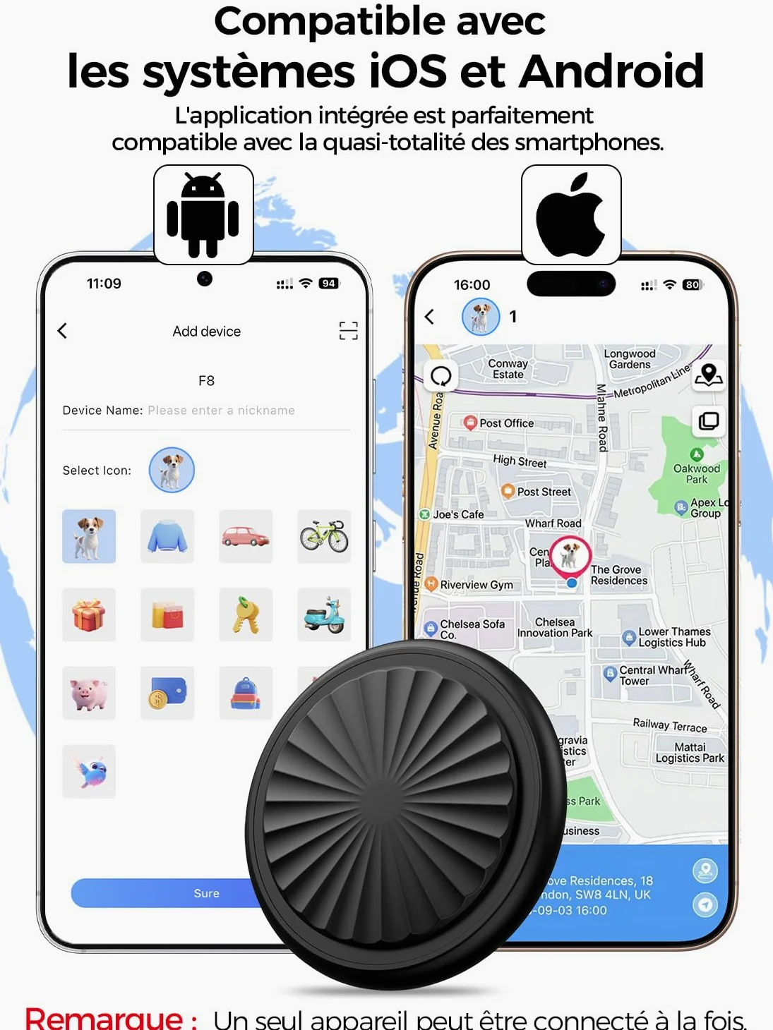 Traceur GPS Chat, Collier GPS Chat GPS Chien Compatible iOS et Android, Aucun Frais Mensuel, Suivi Mondial en Temps Réel, Étanchéité IP67, Historique des Trajets sur 7 Jours, Convient aux Chats Chiens