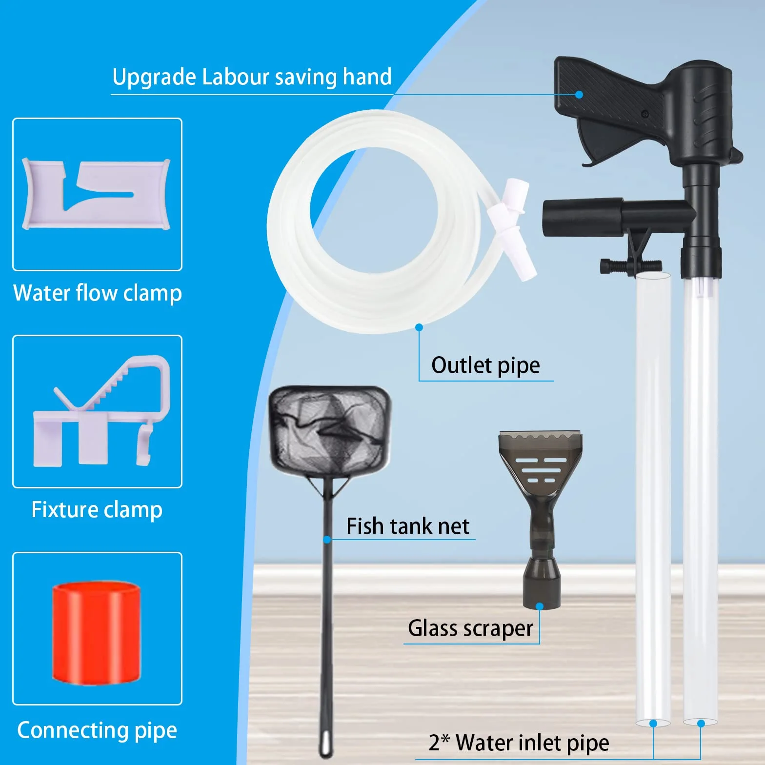 Aspirateur de Boues d'Aquarium, 5 in 1 Kit de Nettoyage de Gravier d'Aquarium, Nettoyeur de Gravier Changement d'eau Filtre Rapide Aquarium Changeur l'eau avec Bouton Pression d'air Grattoir en Verre