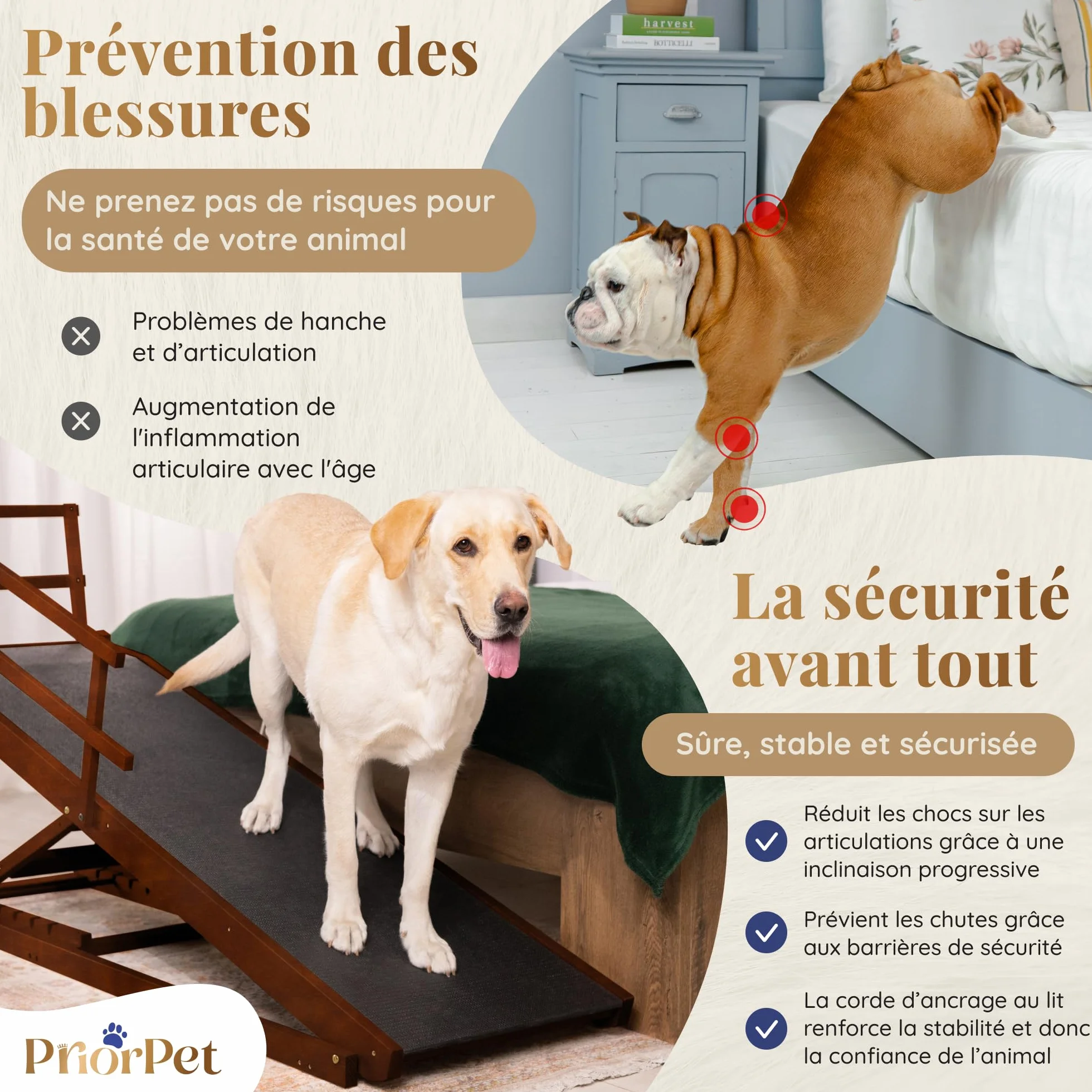 Rampe pour Chien Grande Taille avec Barrières de Sécurité, Pliable, Antidérapante, Bois de Bouleau, Noix, jusqu'à 94,5 cm, 90 kg
