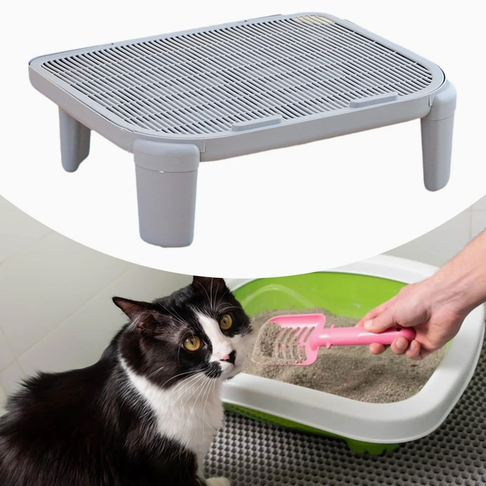 Rampe Litière Chat Double Couche Trappeur de Litière Tapis pour Boîte Litière Matériau PP Fonction Pied Adapté Aux Chats Âgés Nettoyage Intérieur, Gris