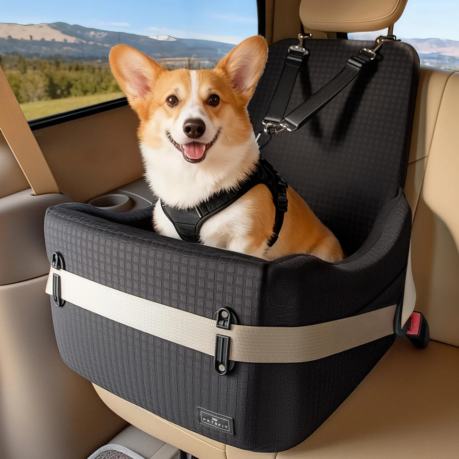 PETSFIT Siège Auto pour Chien jusqu'à 15kg – Système de Sécurité Breveté, Coussin Mémoire de Forme 13cm, Housse Lavable, Noir & Gris