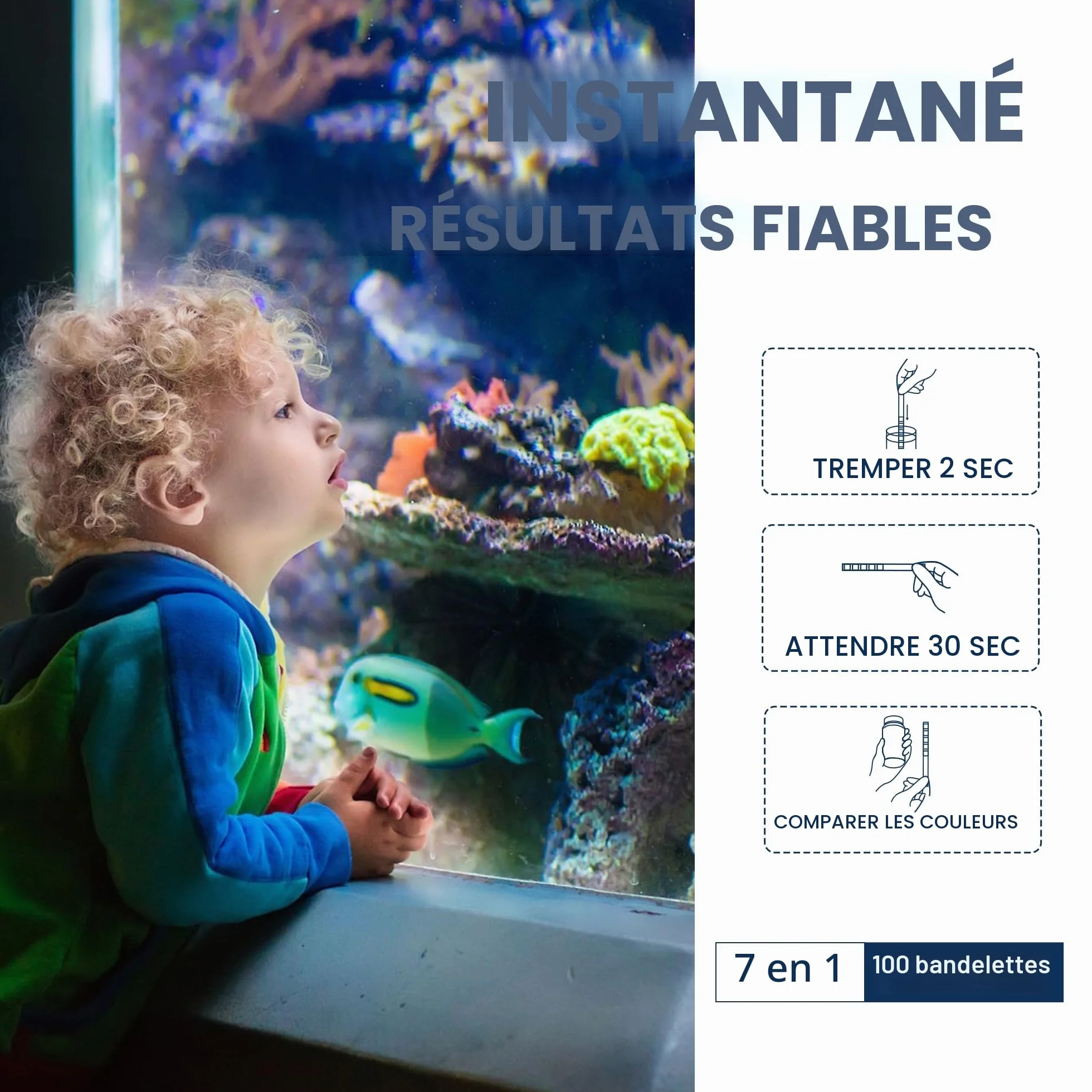 Bandelette de Test Eau 7 en1 pour Aquarium - Alcalinité Totale, Dureté Totale, Dureté Carbonatée, PH, Nitrite, Nitrate, Chlore (100 Bandelettes)