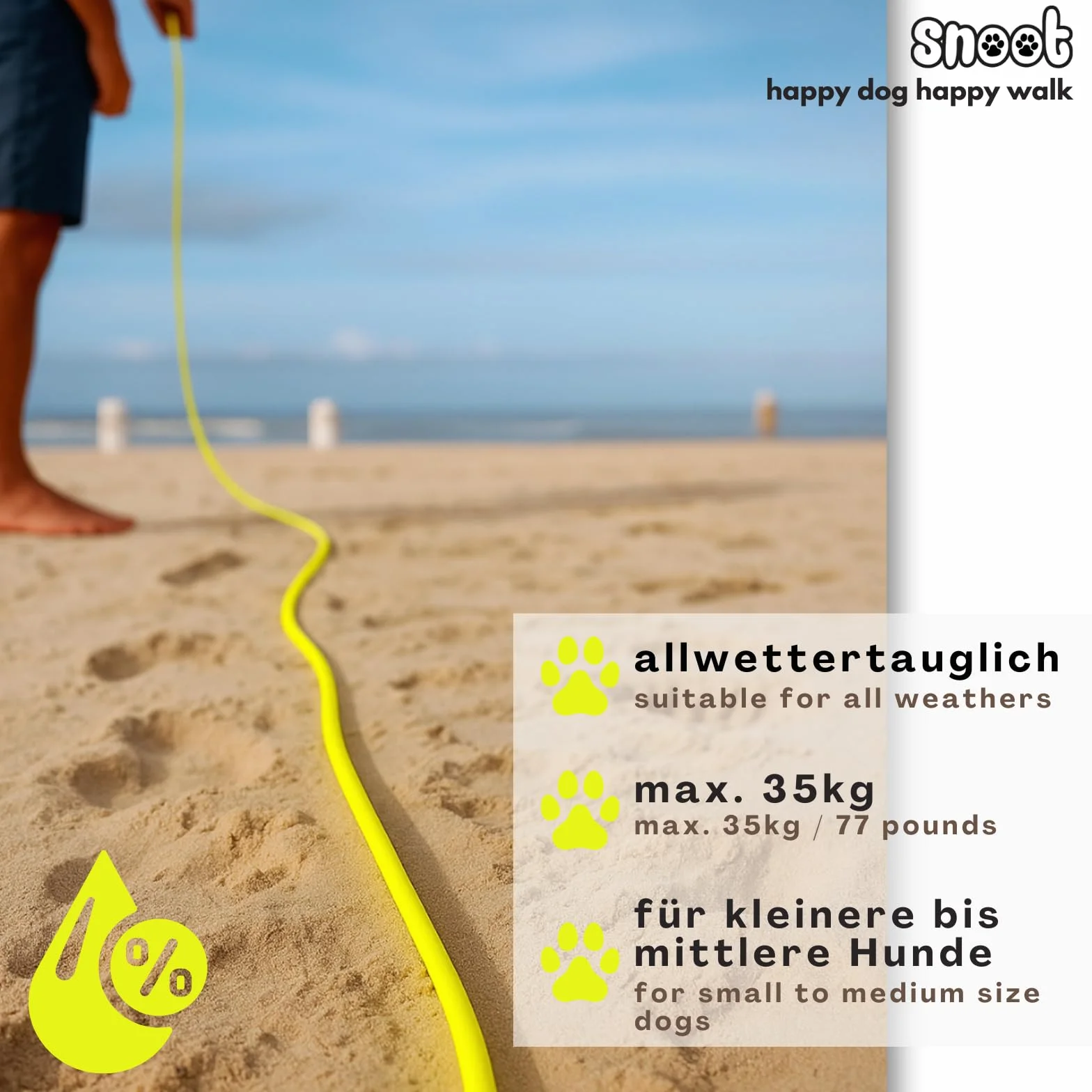 Laisse pour chien de 15 m - Étanche - Ronde - Sans boucle - Laisse d'entraînement sûre - Jaune fluo - Jusqu'à 35 kg