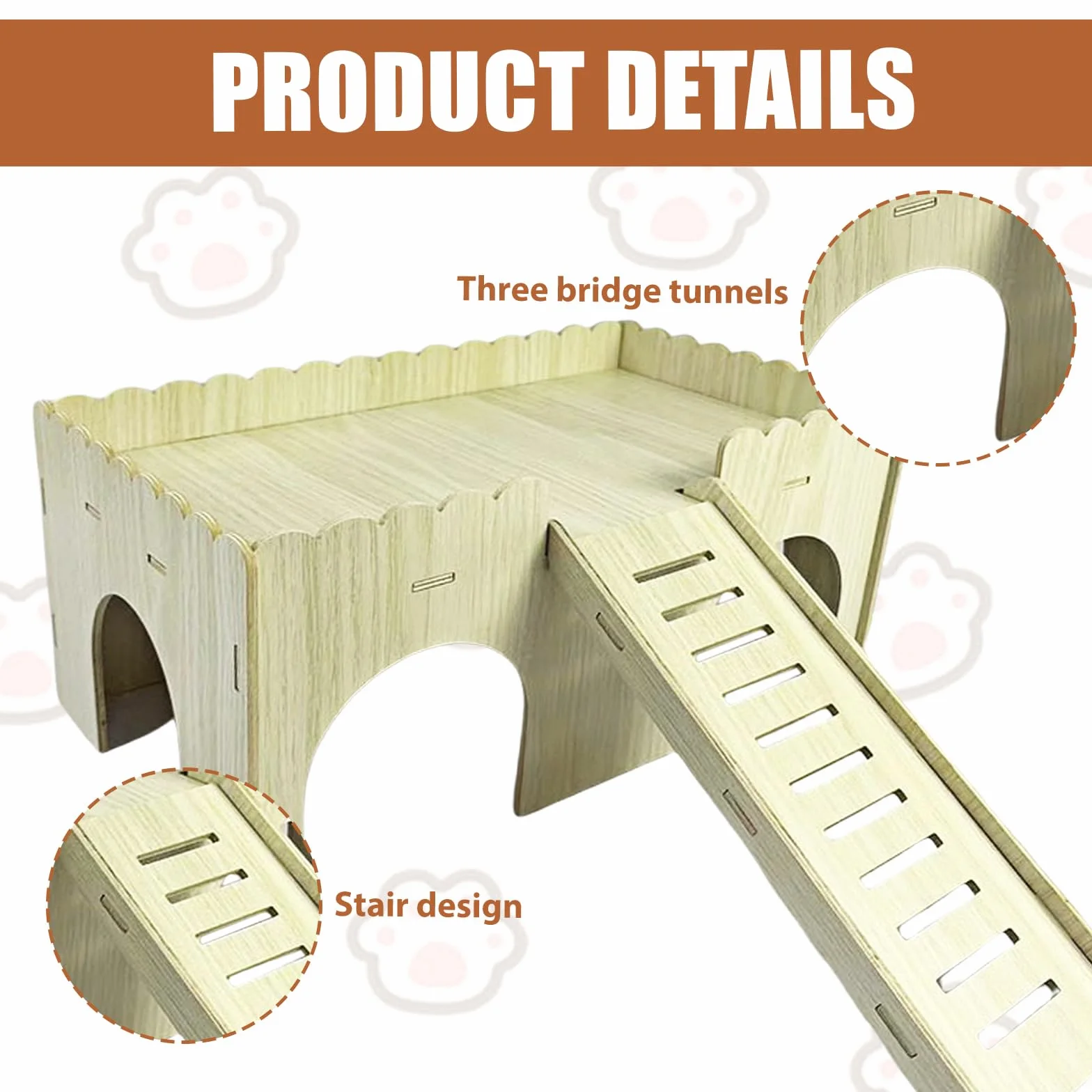 Grande maison pour cochon d'Inde - Maison en bois avec rampe - 4 entrées - Jouet et accessoire pour cochon d'Inde - 38 x 25 x 18 cm
