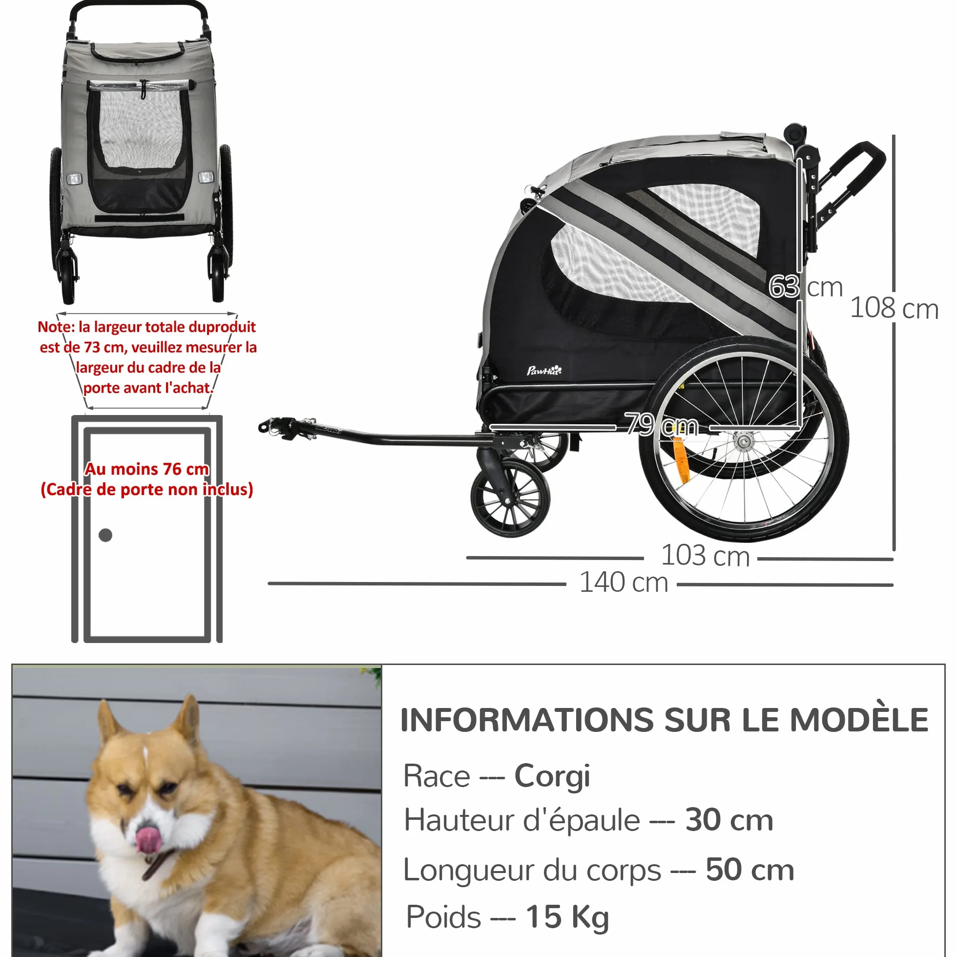PawHut Remorque à vélo pour Chien Convertible Jogger 2 en 1 avec Drapeau réflecteurs