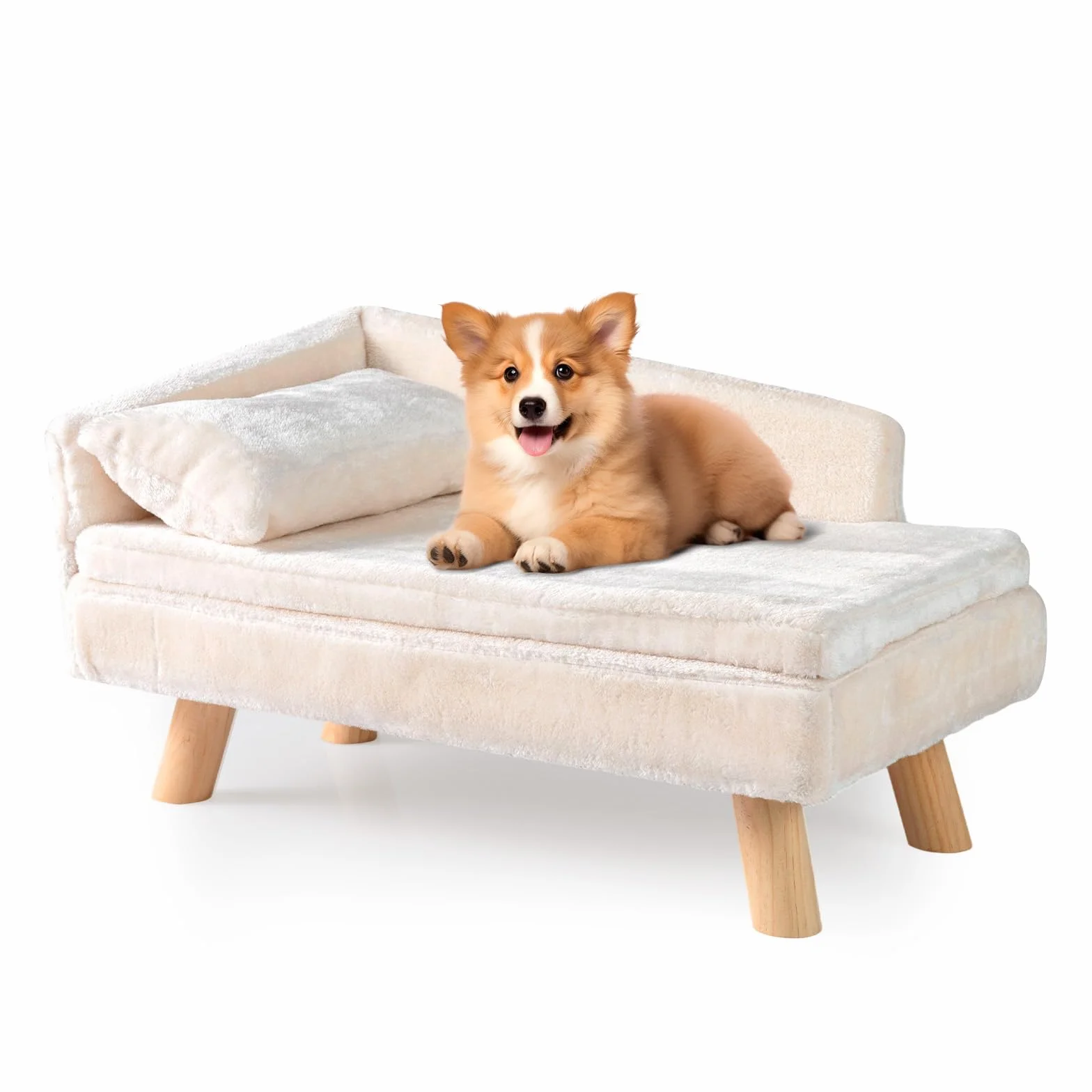 SOARS Canapé pour Chien Chat, Lit Surélevé avec Dossier Haut, Coussin et Pieds en Bois Massif, 71 x 43 x 40 cm, Beige