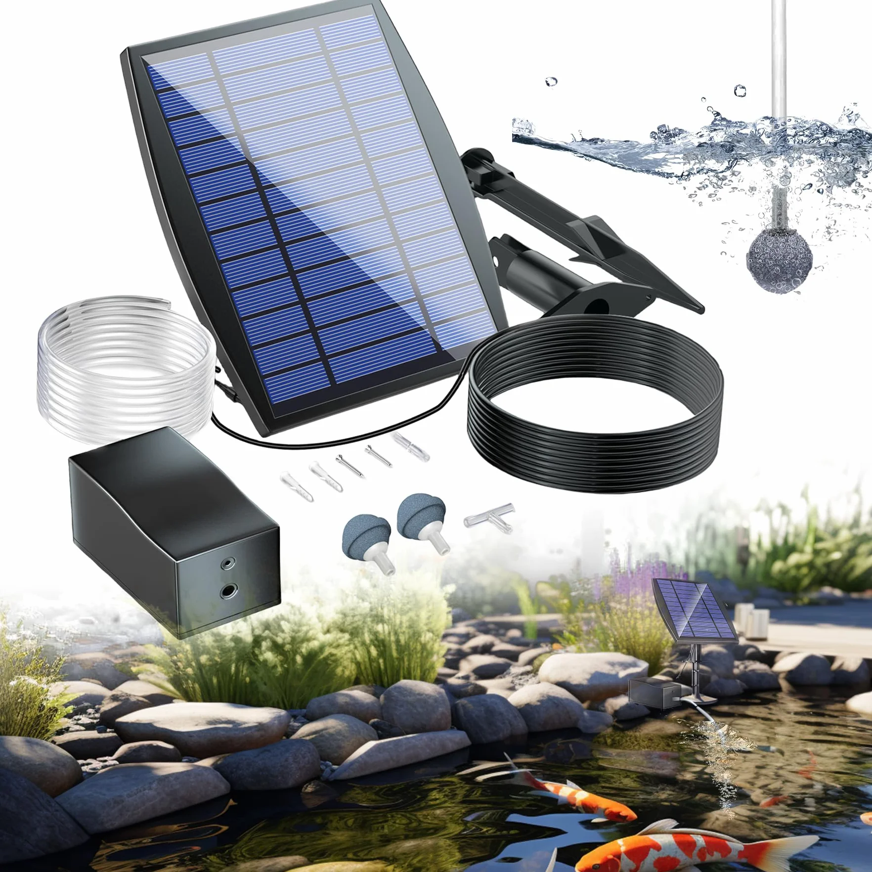 Pompe à oxygène solaire 2,5 W avec batterie 1800 mAh, 3 modes, pour bassin, étang, pêche