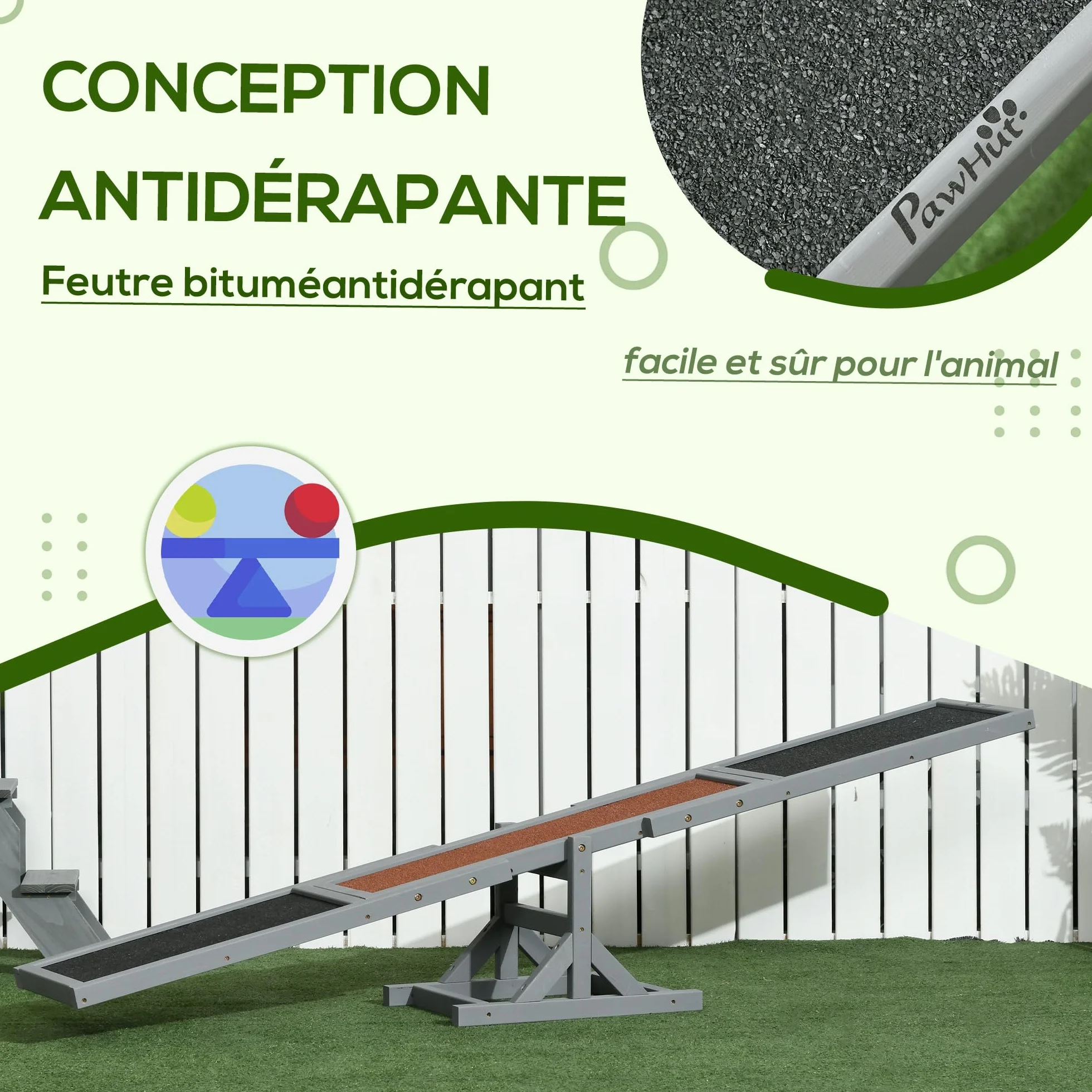 PawHut Agility Sport pour Chien Bascule - Bascule pour Chien - équipement Entrainement Chien - Bois pré-huilé Feutre bitumé antidérapant Gris Noir