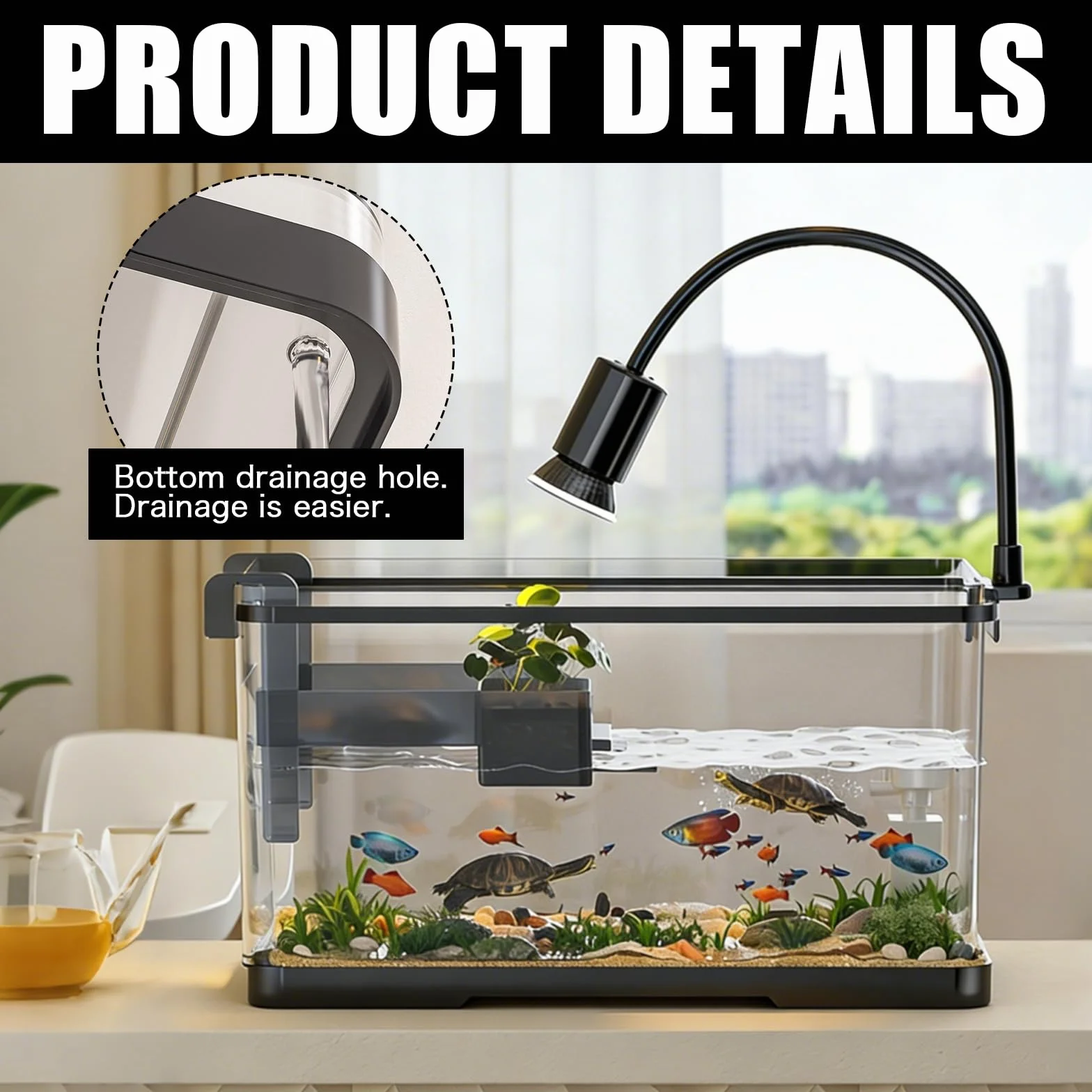 Terrarium Tortue avec Plateforme de Repos et Lampe, Aquarium Tortue Deau avec Plateforme Suspendue, Couvercle