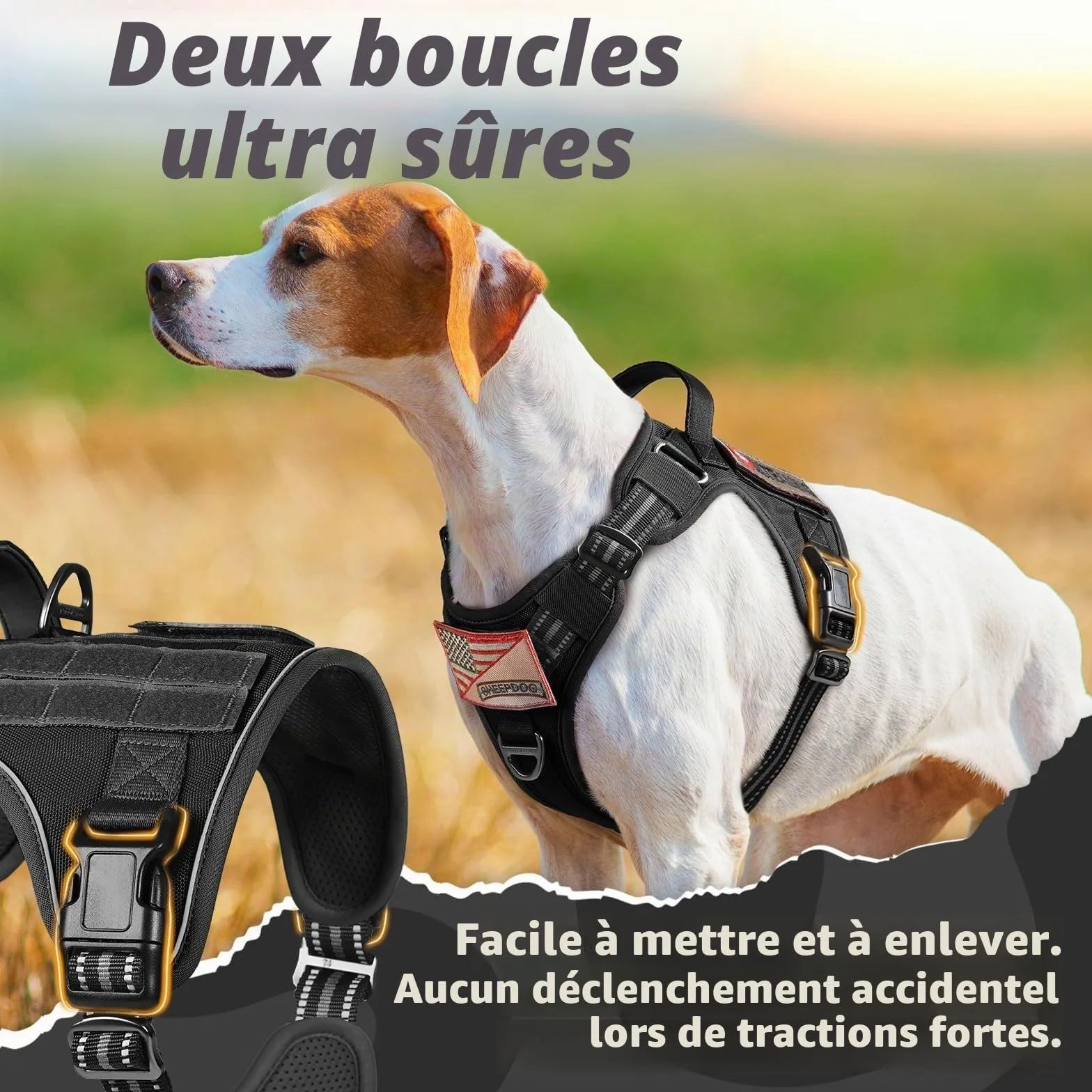 Rabbitgoo Harnais Chien Anti Traction Tactique Réfléchissant Réglable avec Poignée et Anneaux, Gilet Solide Facile à Mettre, Noir, L