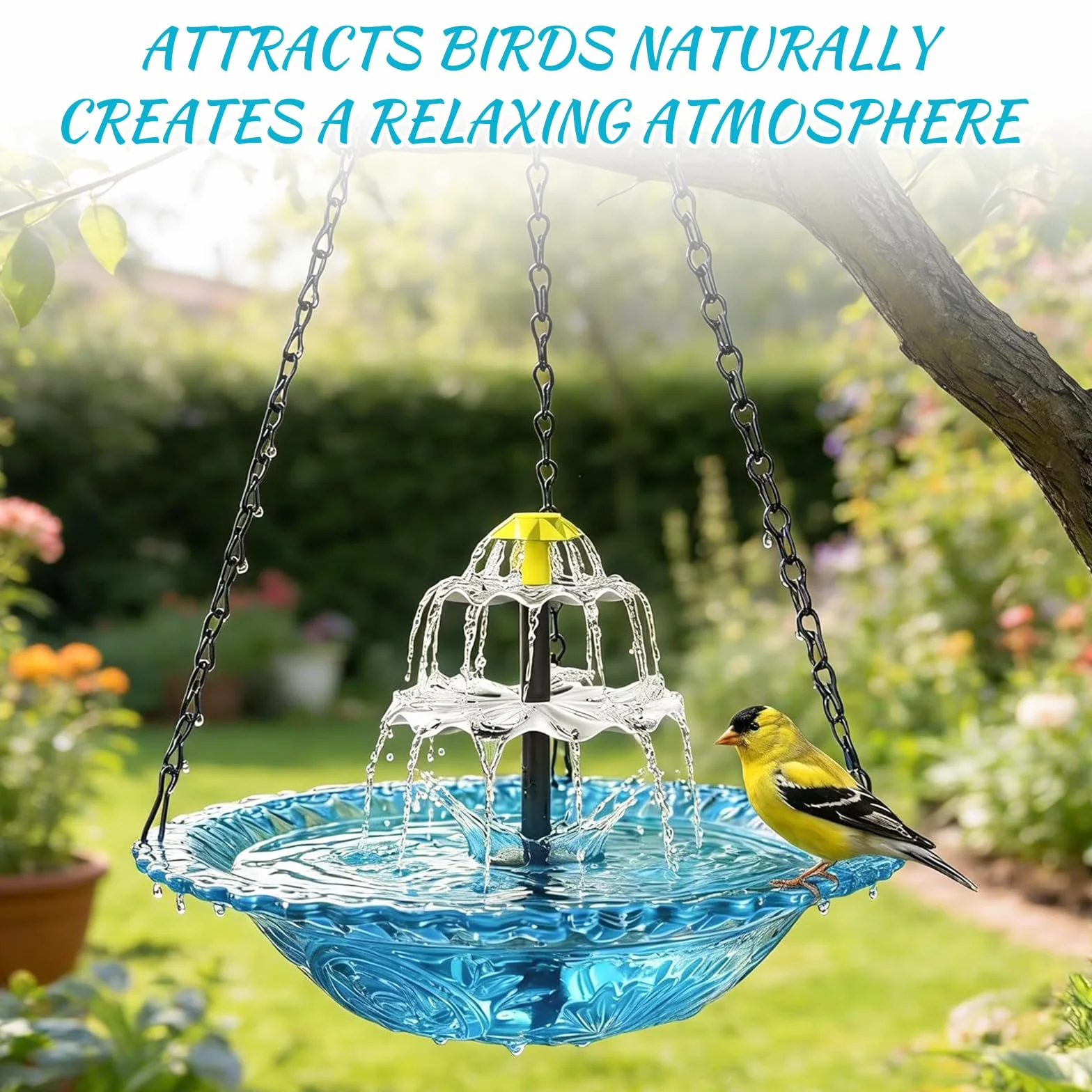Bain d'oiseaux solaire avec fontaine suspendu chaînes métal bleu