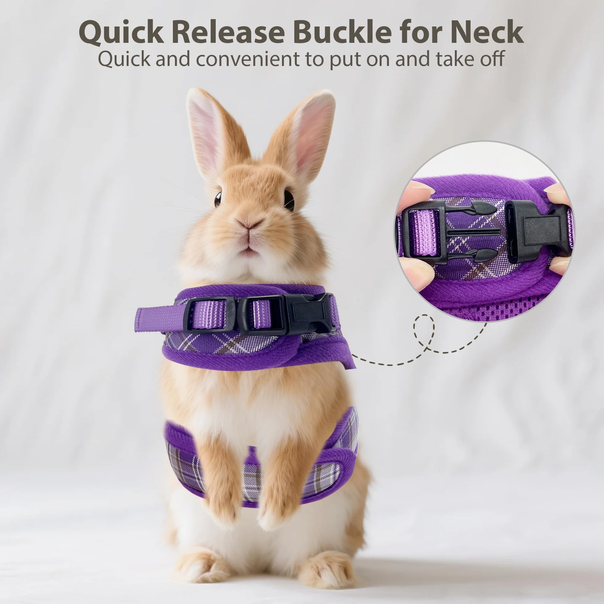 AIITLE Ensemble de harnais et laisse pour lapin anti-évasion - Design à ruban magique, rembourrage en maille à motif à carreaux léger, sans étouffement ni traction pour chiot, chat, rat, écureuil