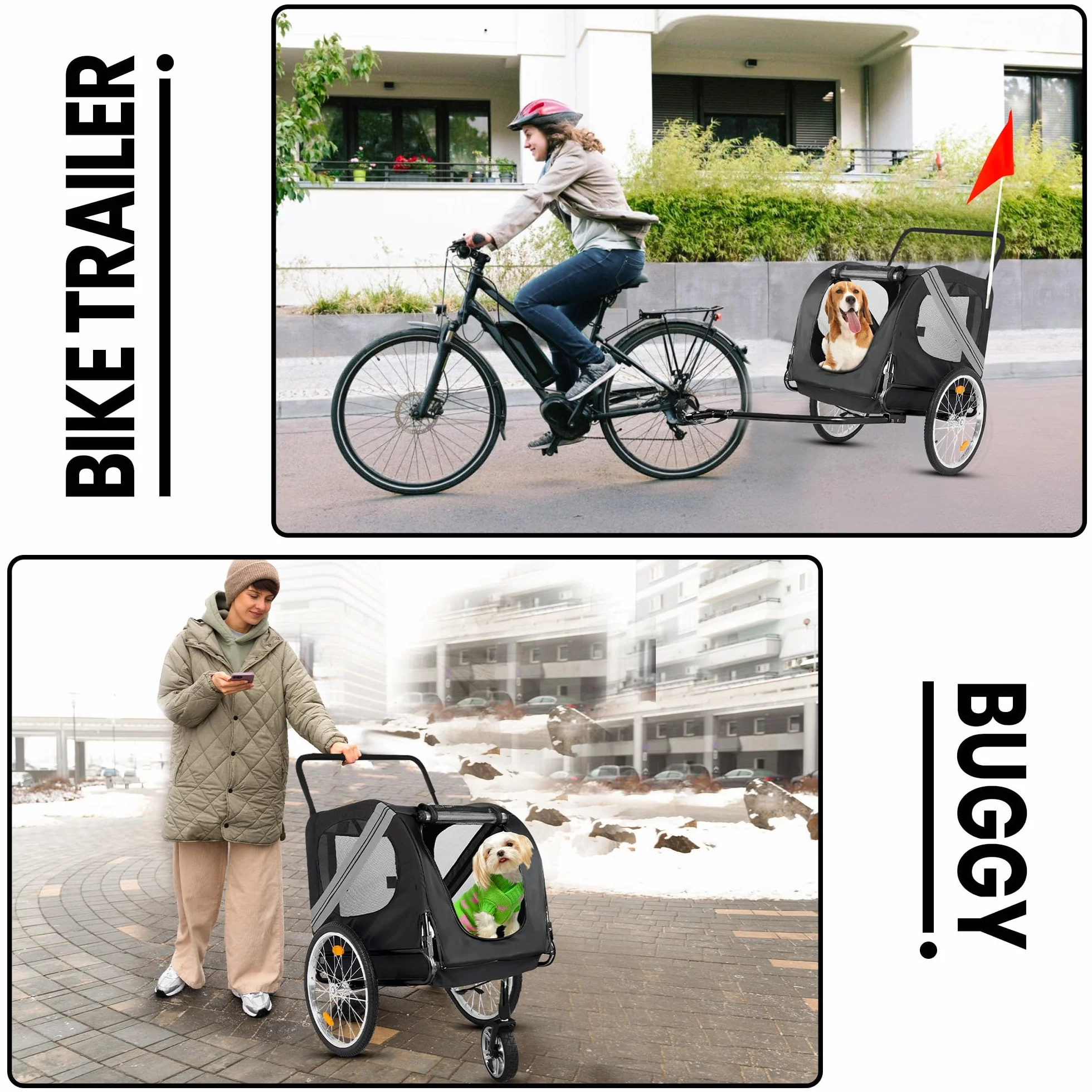 Remorque Vélo Chien 2 en 1 - Poussette Chien Pliable, Charge jusqu'à 35 kg, Attelage Inclus, Sol Antidérapant, Sangle Sécurité, Bien Ventilée, Multifonctionnelle, Gris Foncé