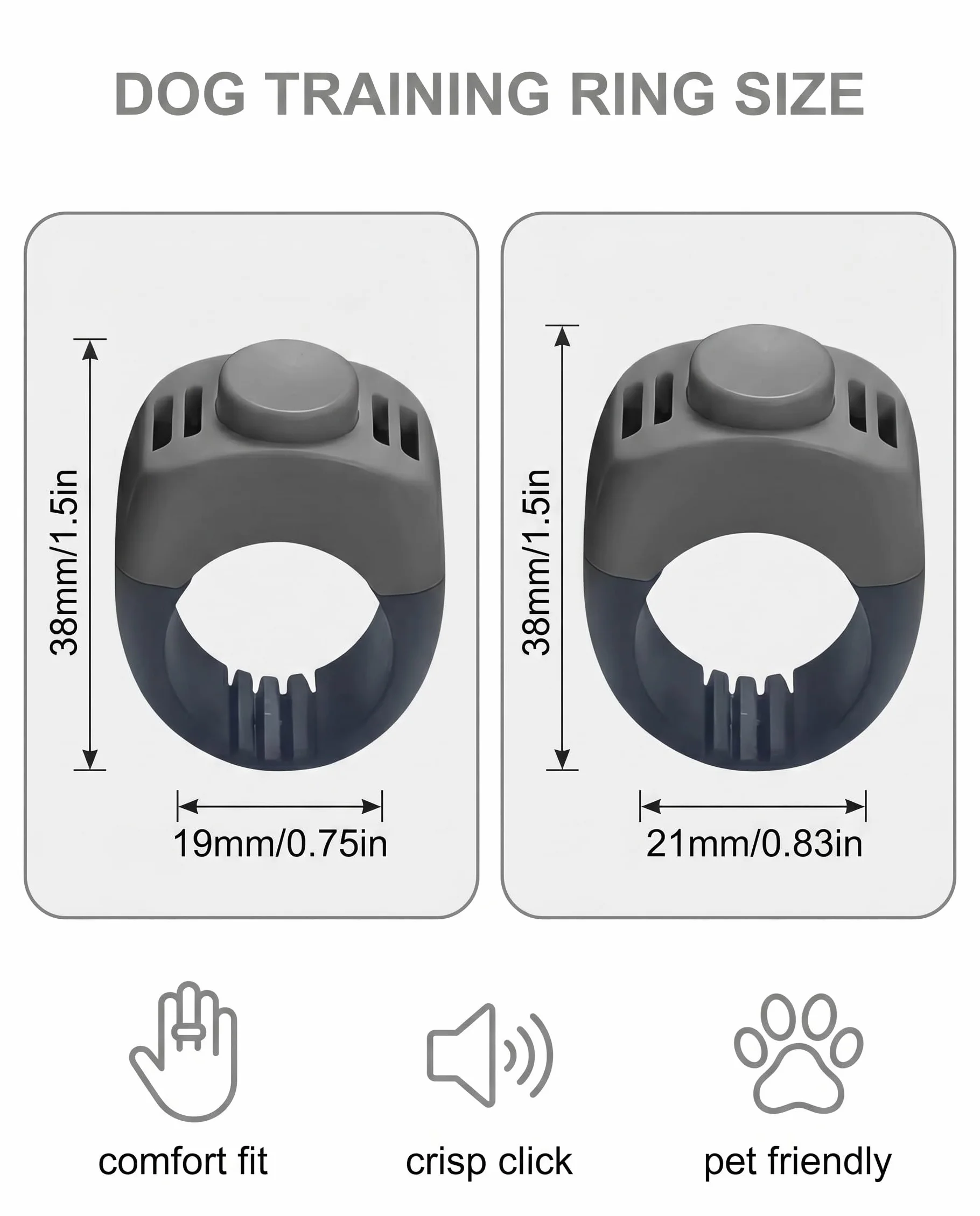 2 Clickers pour Chien avec Anneau de Doigt - Accessoire Pratique pour l'Éducation des Chiens, Chats et Chevaux (19mm/21mm) (Gris)