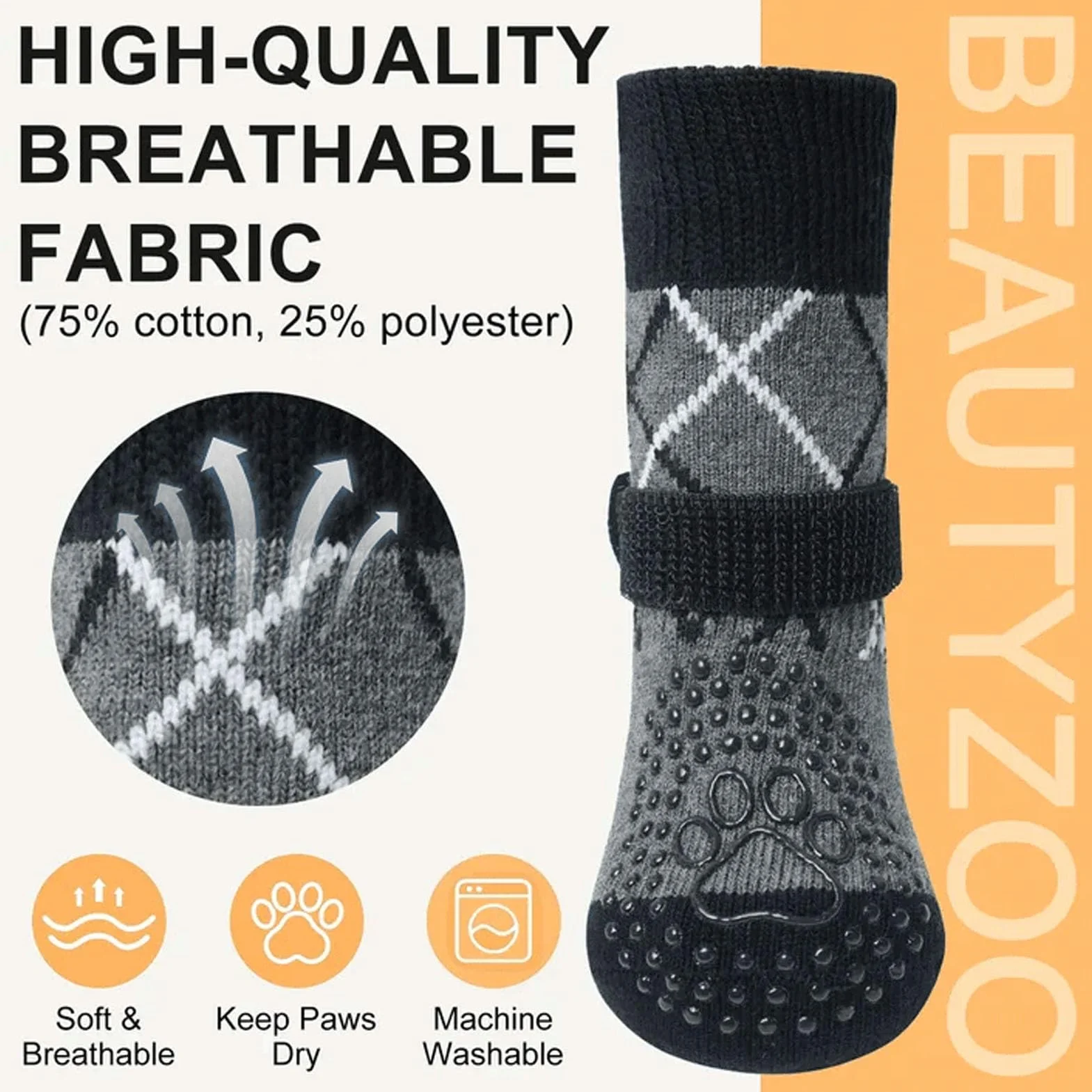 BEAUTYZOO Lot de 6 paires de chaussettes pour chien antidérapantes pour sols en bois dur