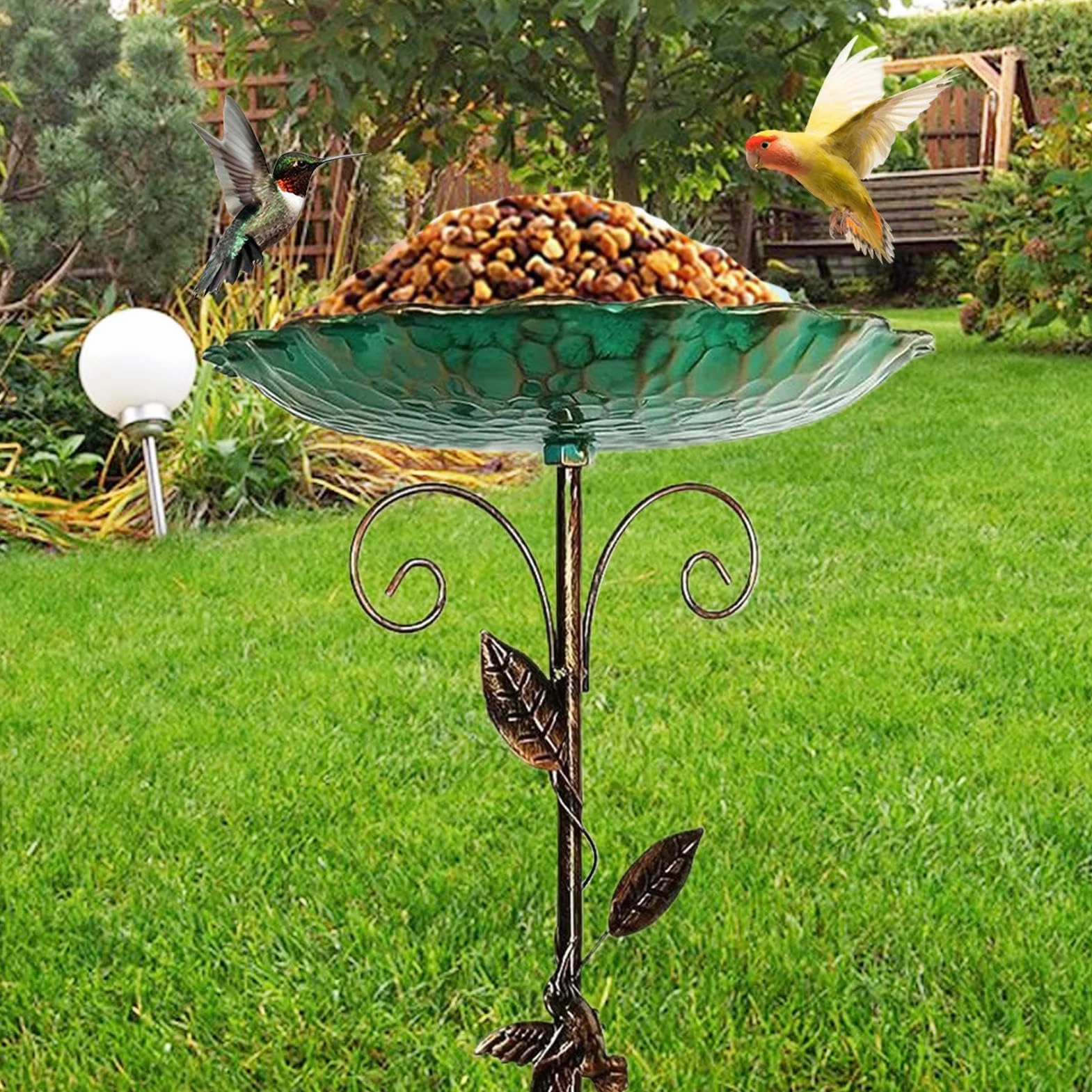 Bain d'oiseaux pour Extérieur, Mangeoire Vintage, Bassin en Métal sur Pied Antigel Hauteur Réglable pour Jardin Terrasse Balcon Extérieur