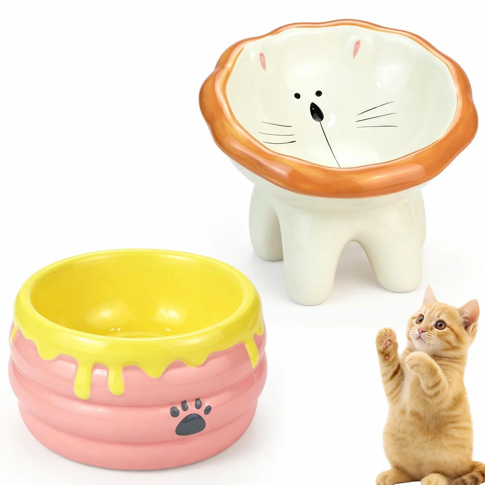 Lot de 2 gamelles en céramique pour chat, station d'alimentation surélevée inclinée et gamelles d'eau de 300 ml pour chat et petit chien, joli pot à miel en forme de lion pour protection du cou