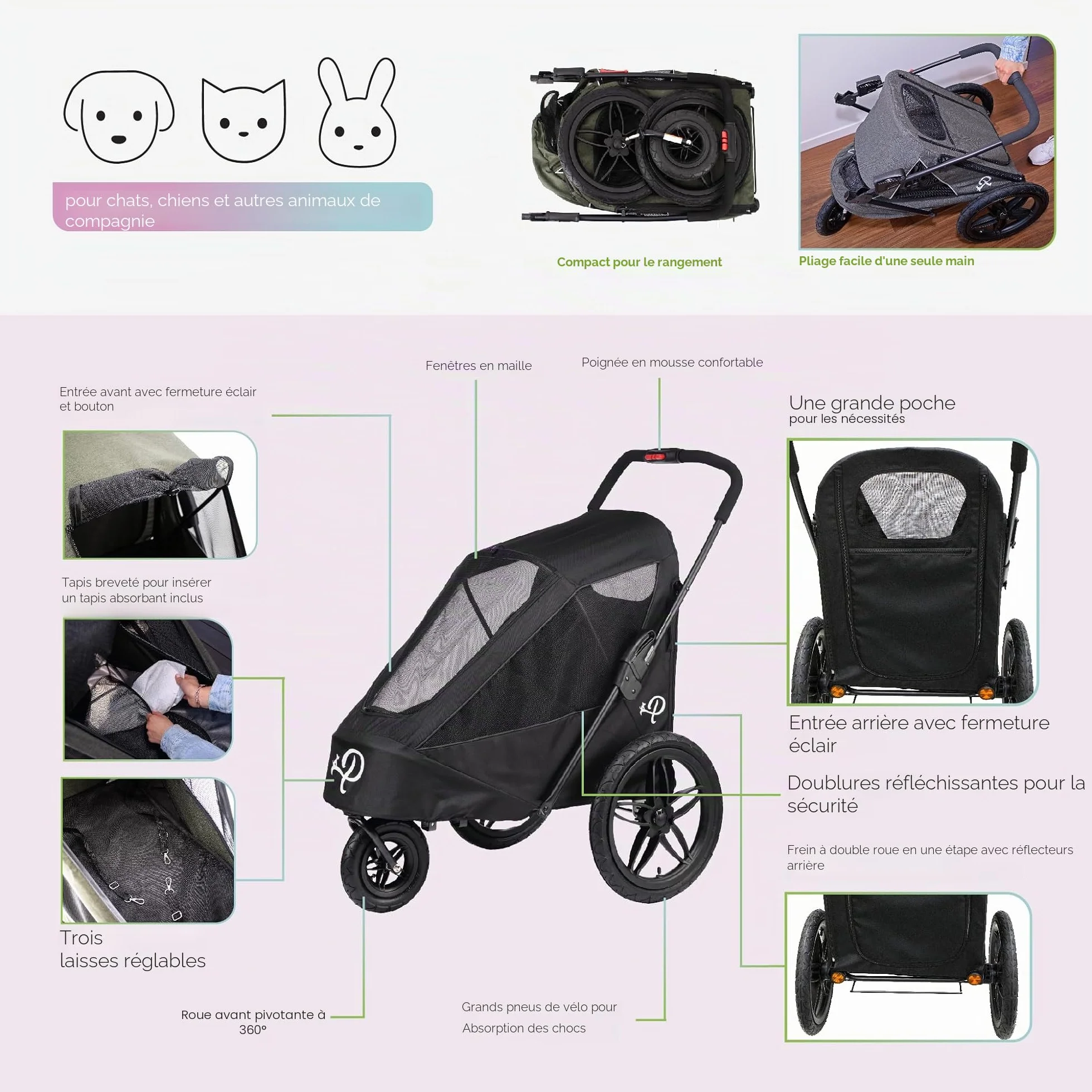 Breeze Black | Remorque de vélo de Luxe pour Chien | Jogger de Grande Taille | Pliage à Une Main | Pneus pneumatiques | Housse de Pluie Incluse | Pompe à Pneu | Adaptateur de vélo