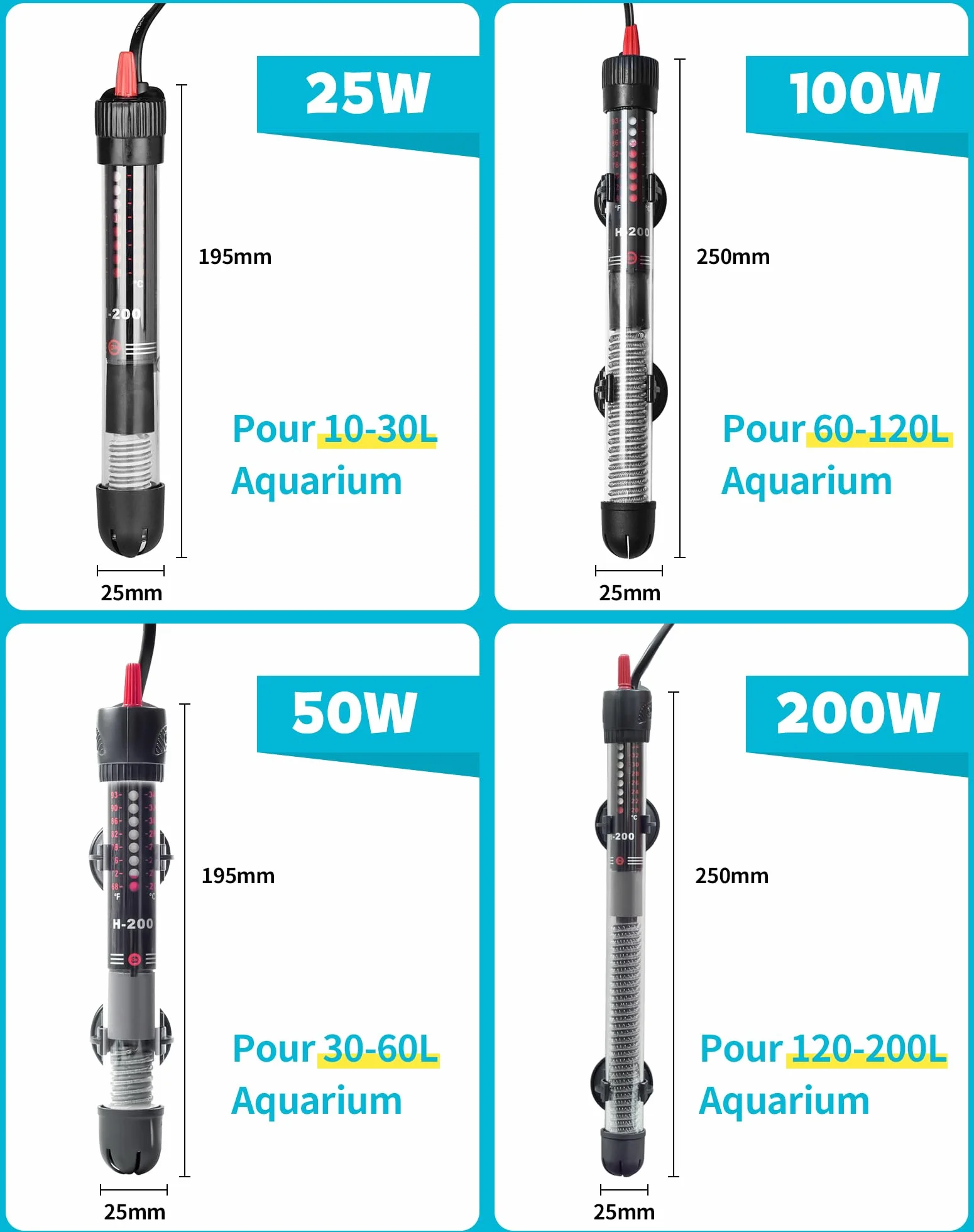 Chauffage Aquarium 25W pour 10L 20L 30L Chauffage pour Aquarium avec réglage 20–34°C