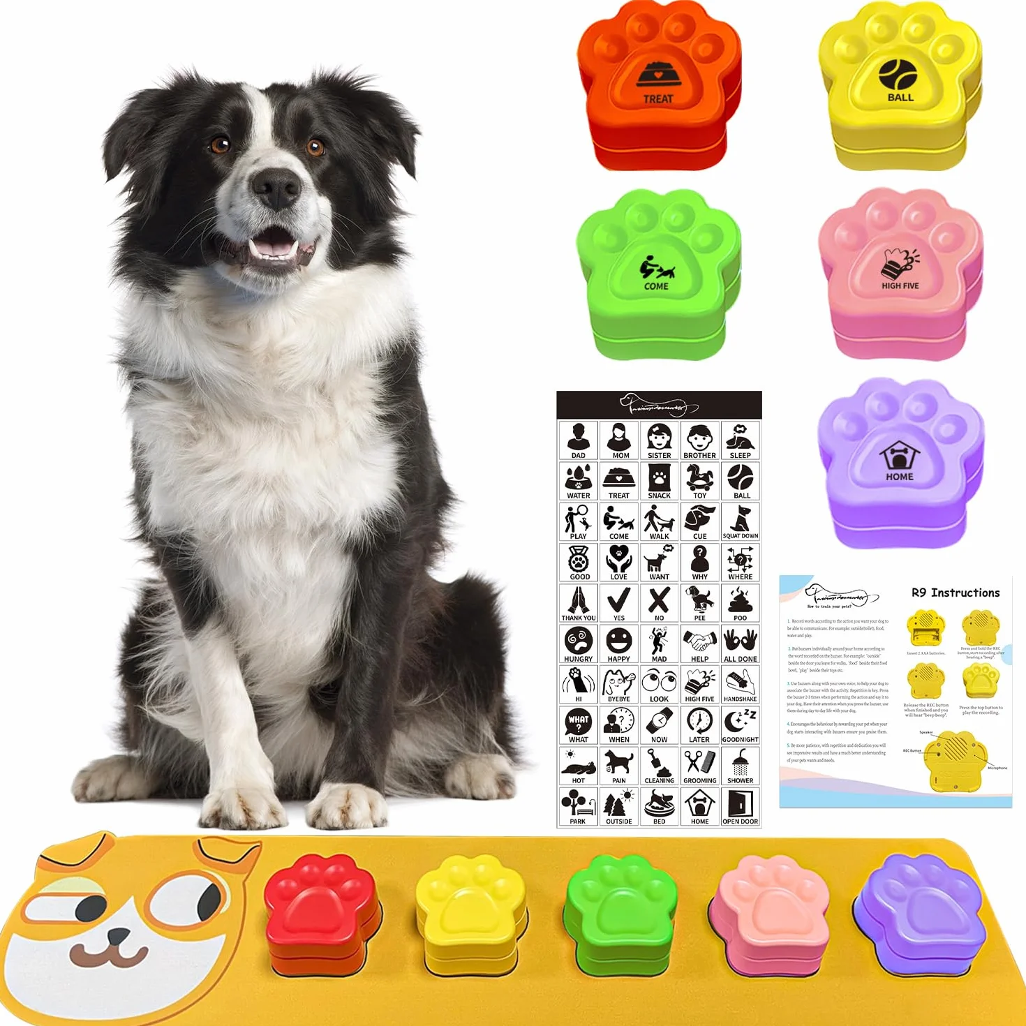 Lot de 5 Boutons pour Chien,Bouton Chien,Boutons de Communication pour Chien,Entraînement des Animaux de Compagnie,Bouton pour la Communication - 30 Secondes d'enregistre,Ment Vocal