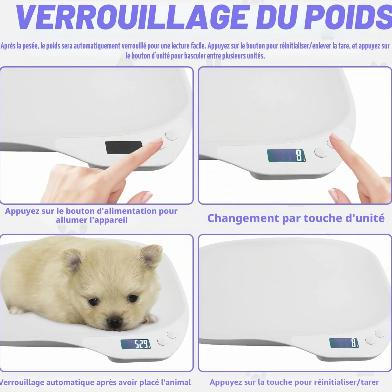 Balance numérique pour animaux de compagnie 15 kg (± 1 g) LCD 4 modes kg/oz/lb/ml 36 x 26 cm